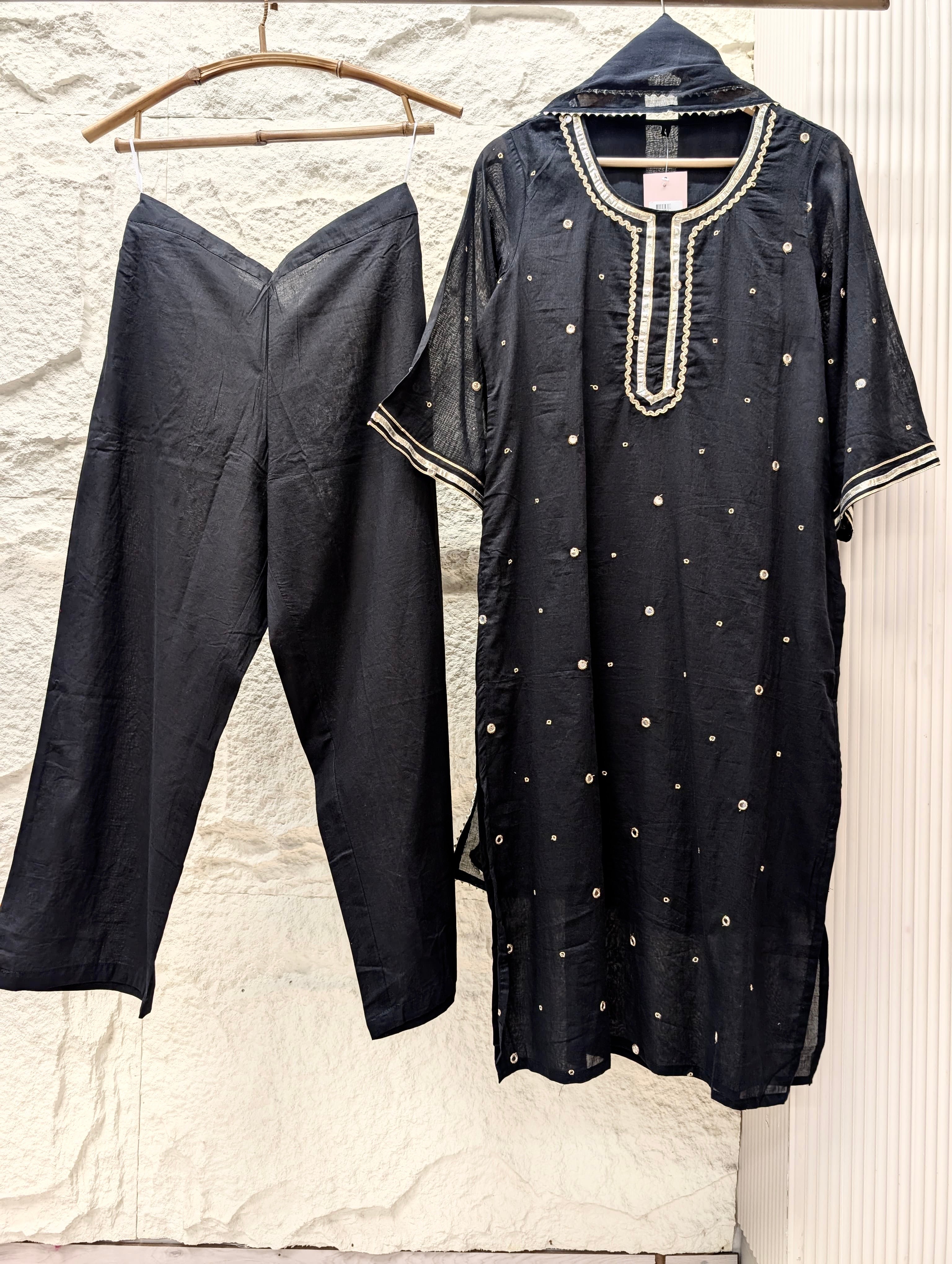 Nayantara Pure mul cotton Embroidered Black 3-Piece Set (Devri – D.No 21190)