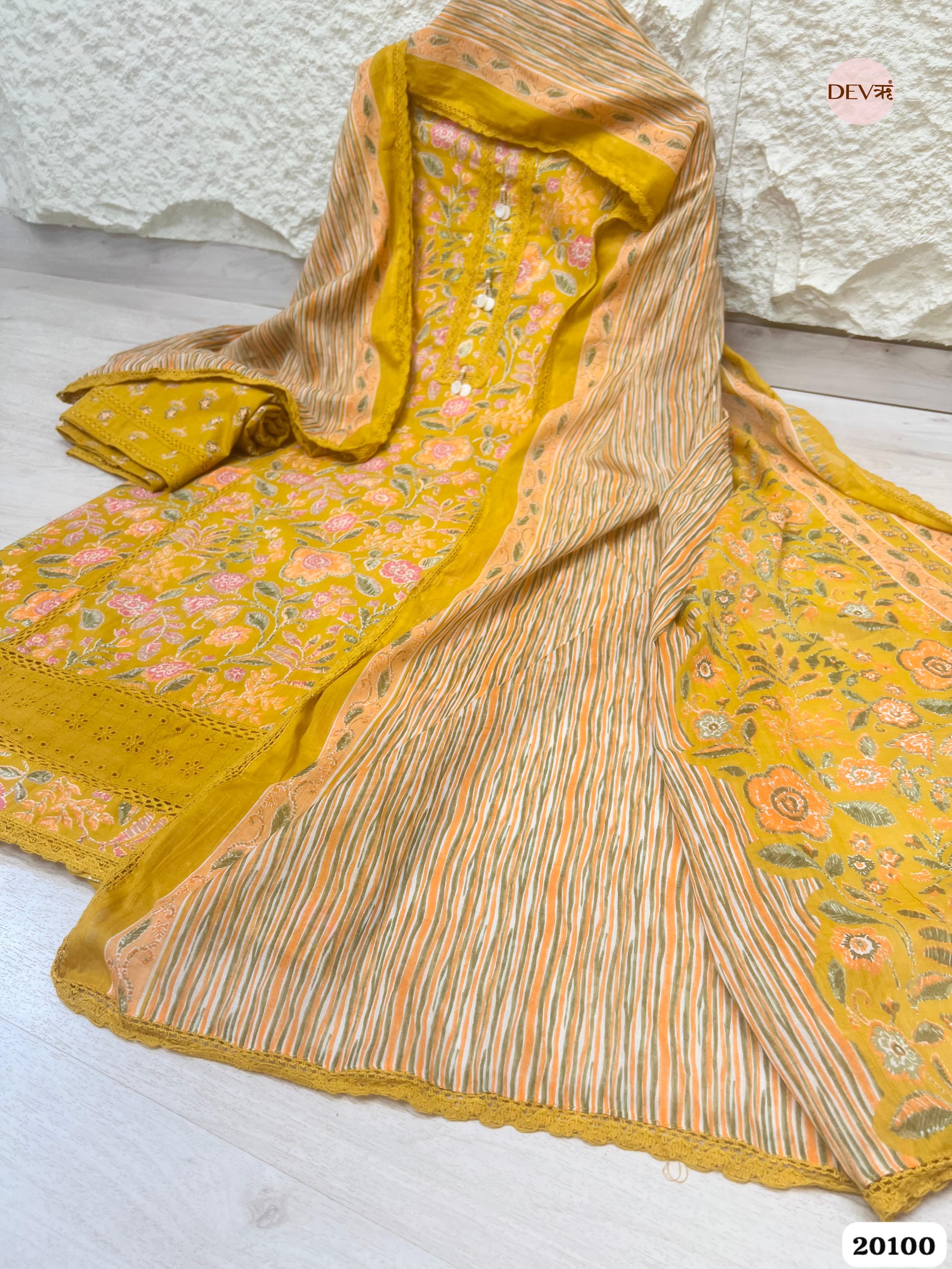 Mustard Yellow Cotton Printed Unstitched 3-Piece Suit (Devri – D.No 20100)