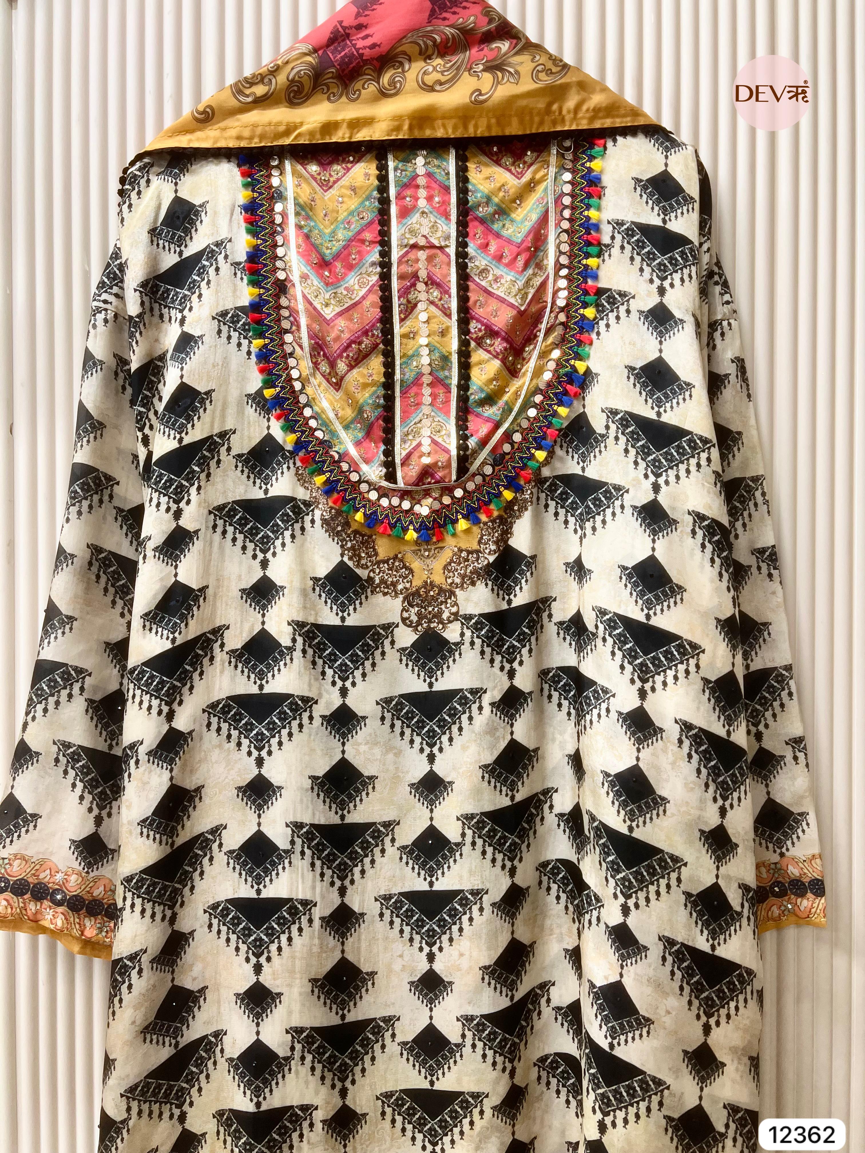 Ivory Multicolour Organza Silk Printed Unstitched 3-Piece Suit (Devri – D.No 12362)