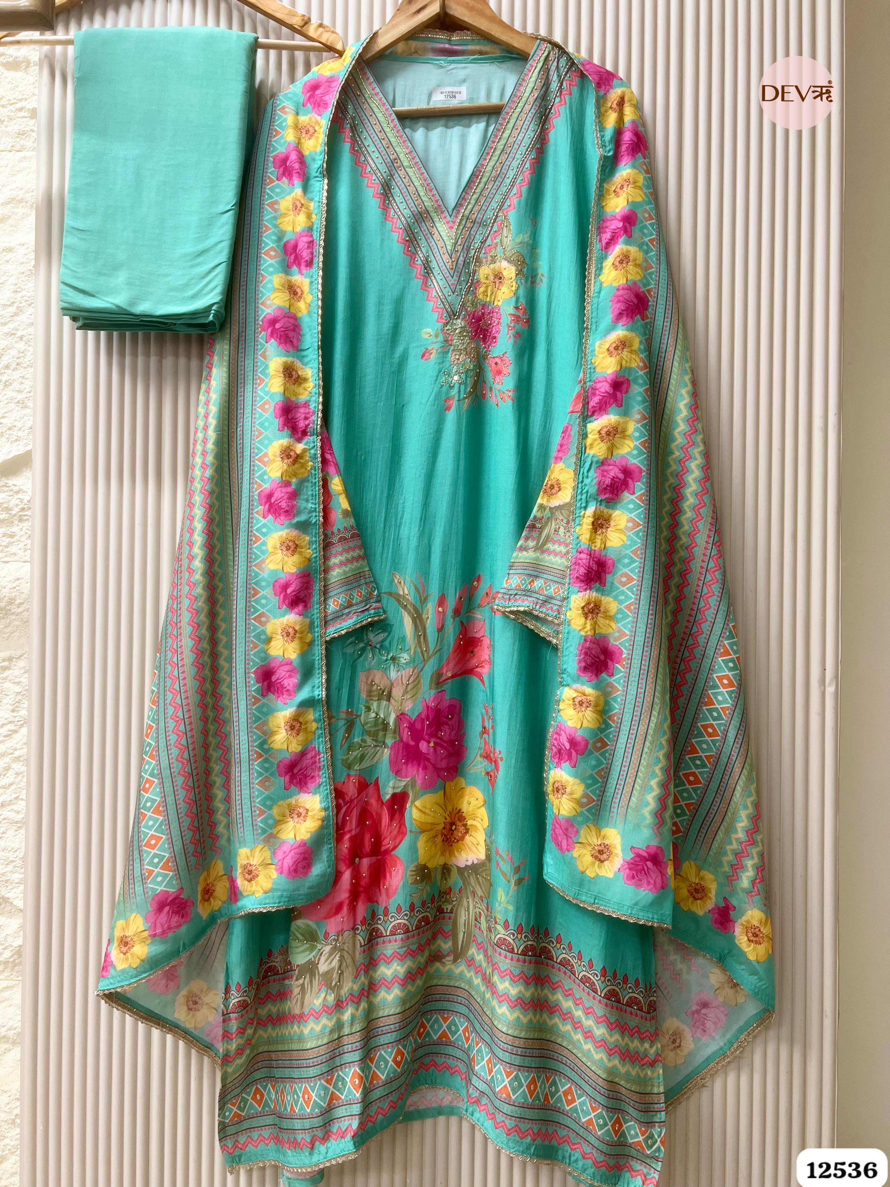 Sea Green Muslin Printed Unstitched 3-Piece Suit (Devri – D.No . 12536)