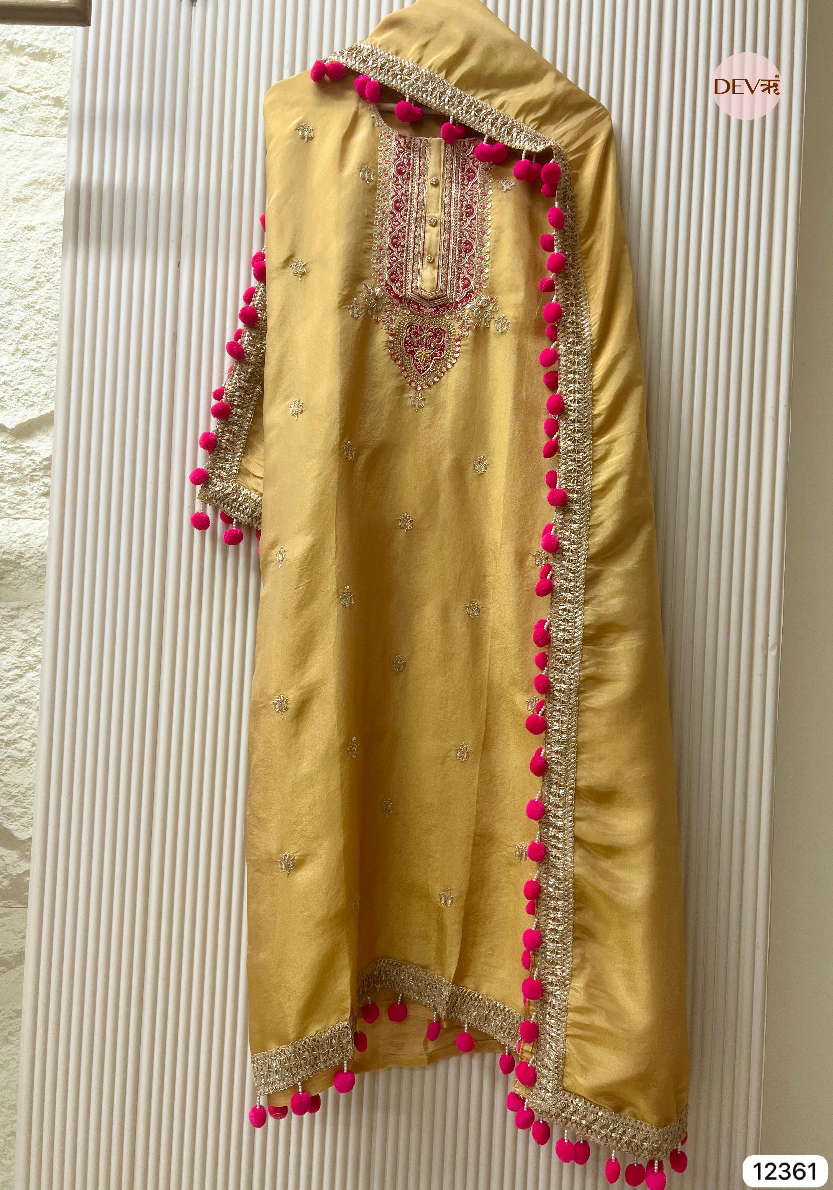 Mustard Shimmer Silk Hand Embroidered Unstitched 3-Piece Suit (Devri – D.No 12361)