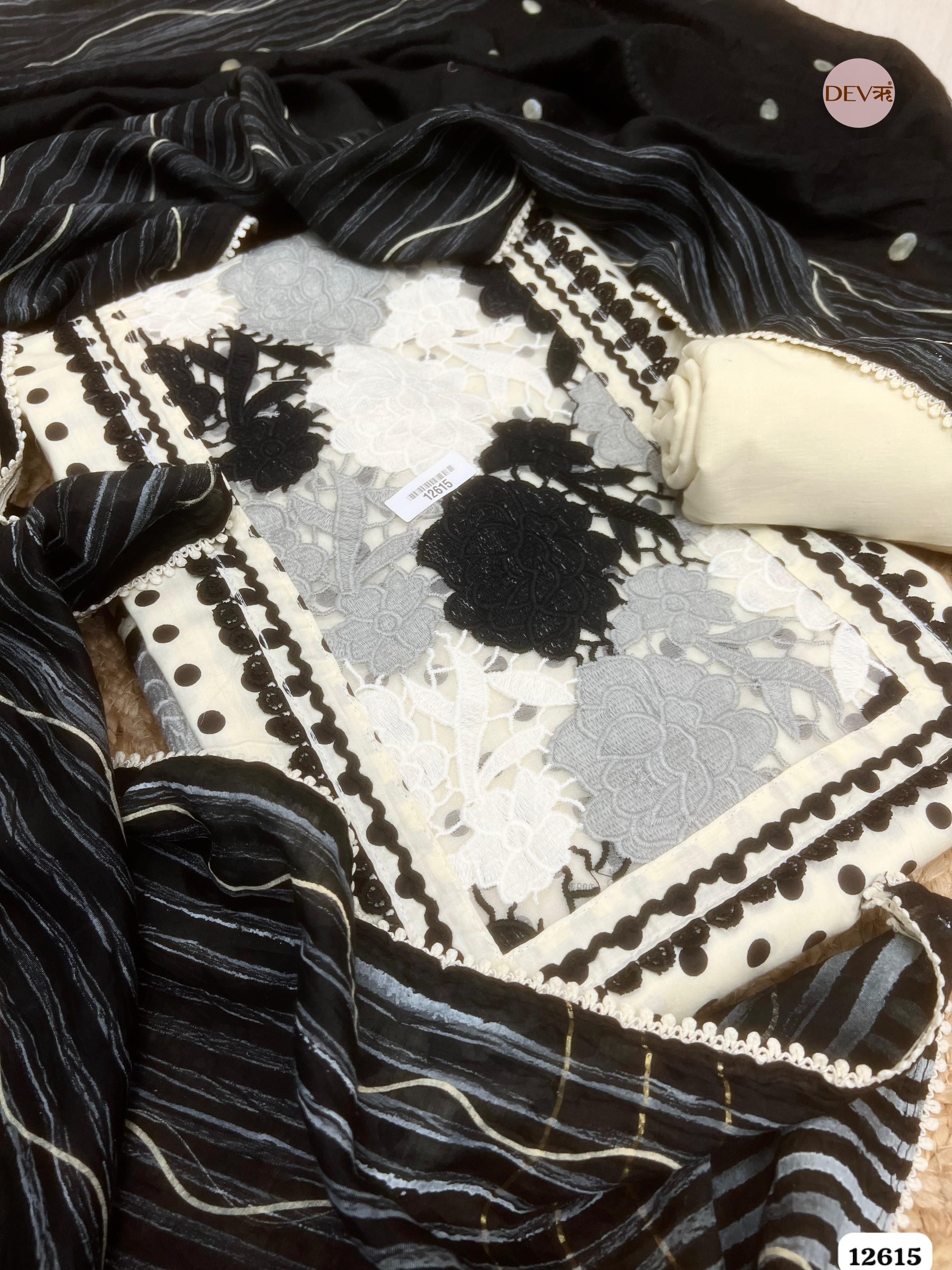 Black and White Cotton Polka Dot Unstitched 3-Piece Suit (Devri – D.No 12615)