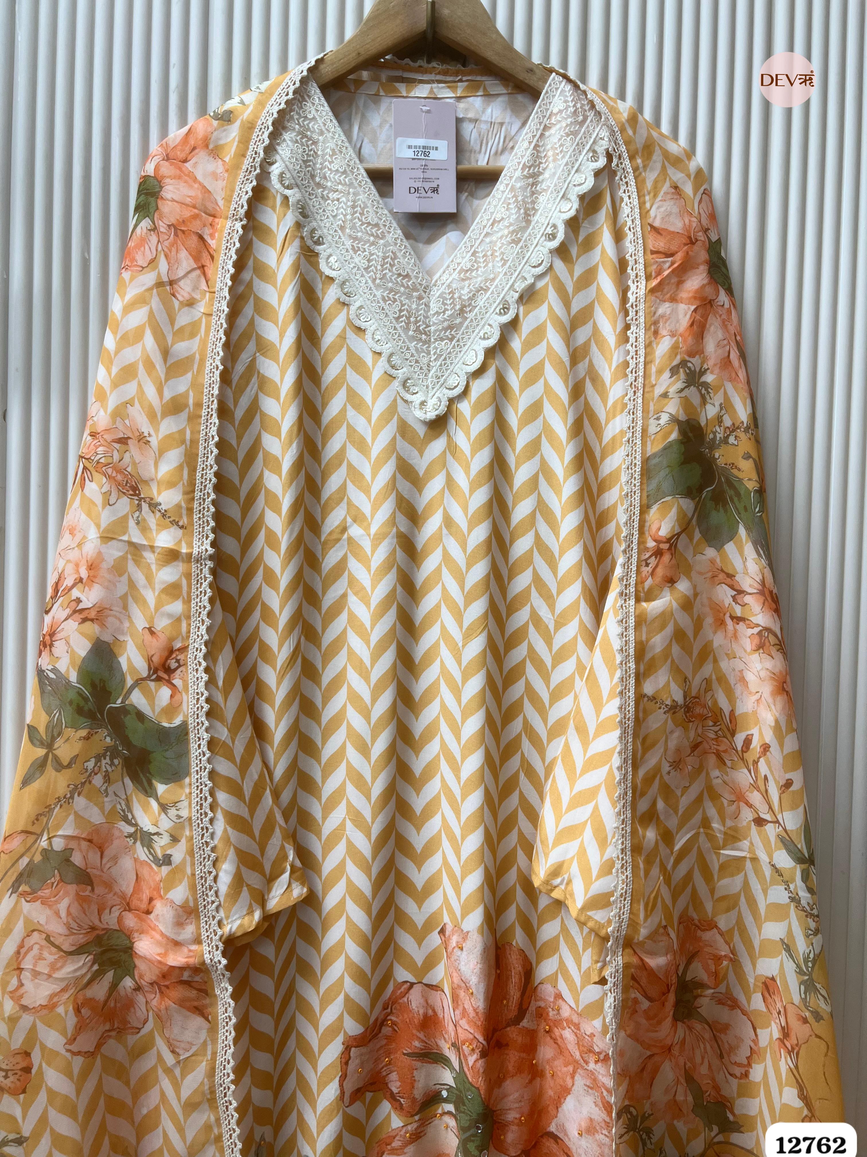 Yellow and Peach Muslin Printed Unstitched 3-Piece Suit (Devri – D.No 12762)