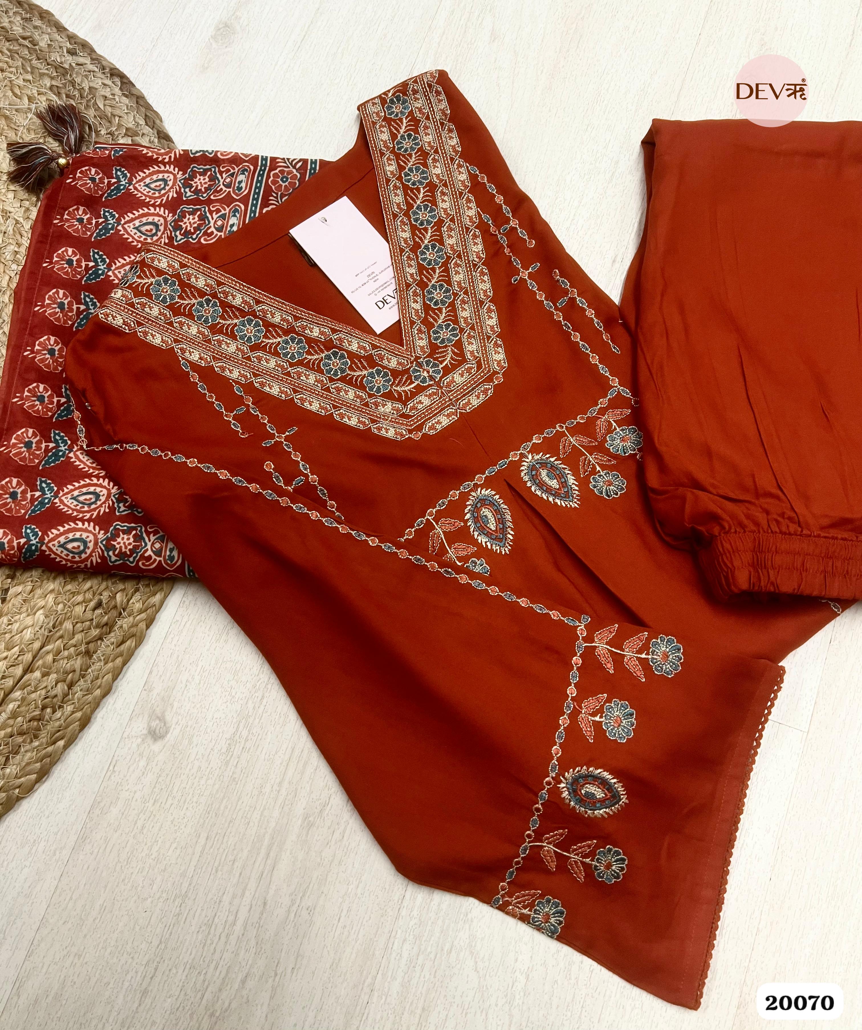 Amara German Reyon Embroidered Rust Red 3-Piece Set (Devri – D.No 20070)