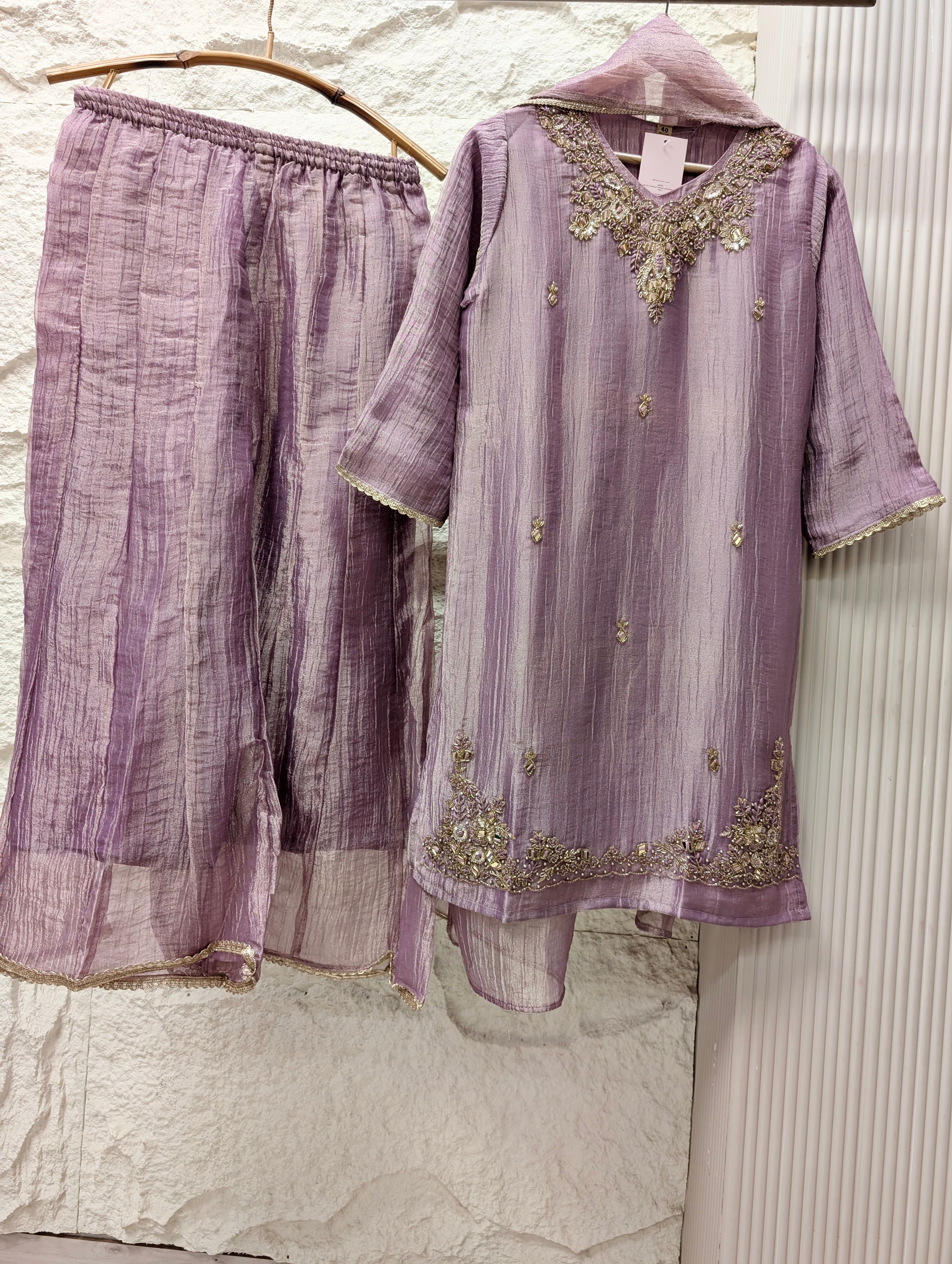 Gulnaar Tissue crush silk Embroidered Mauve 3-Piece Set (Devri – D.No 13754)