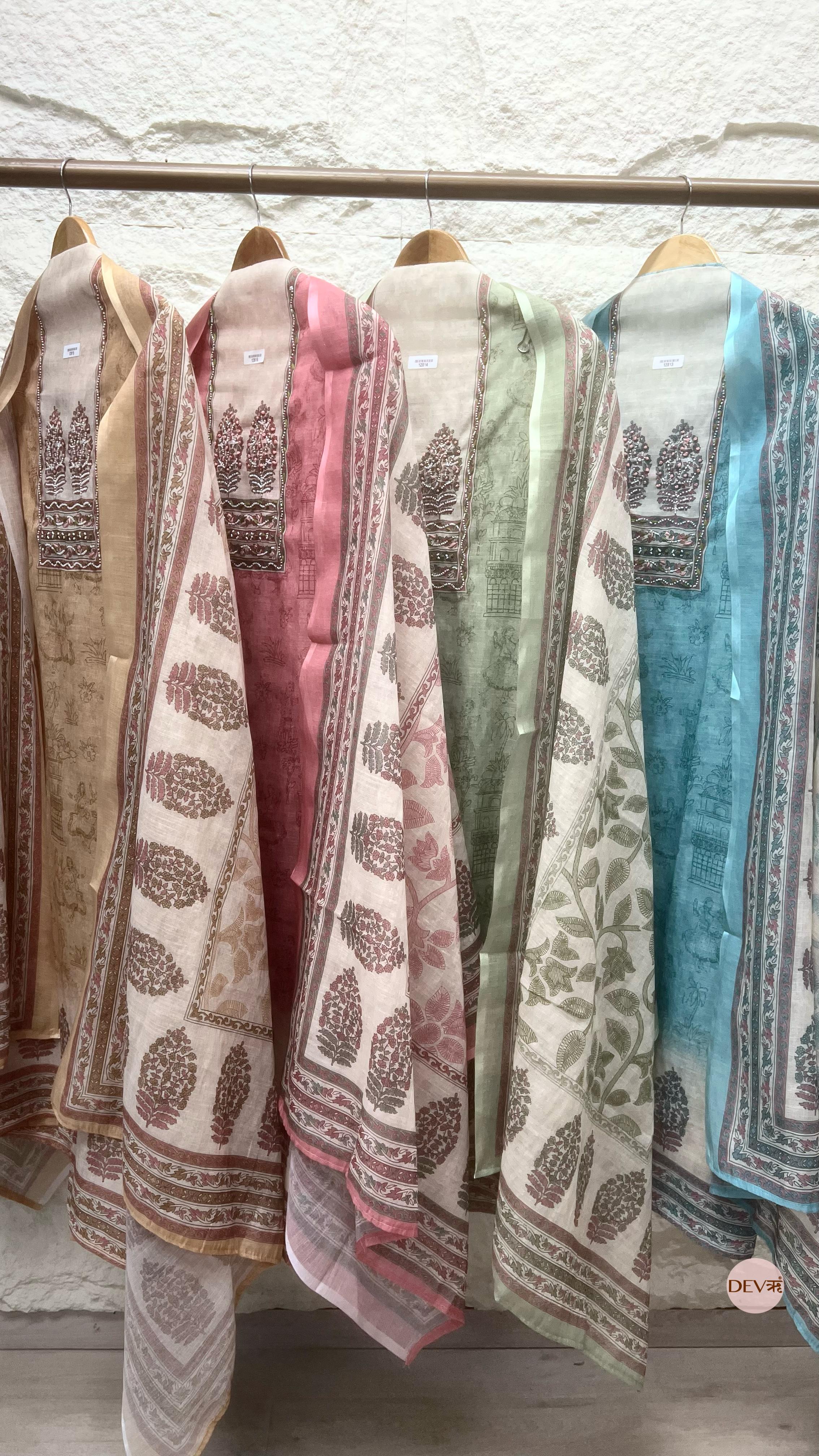 Beige Linen Cotton Printed Unstitched 3-Piece Suit (Devri – D.No 12815)