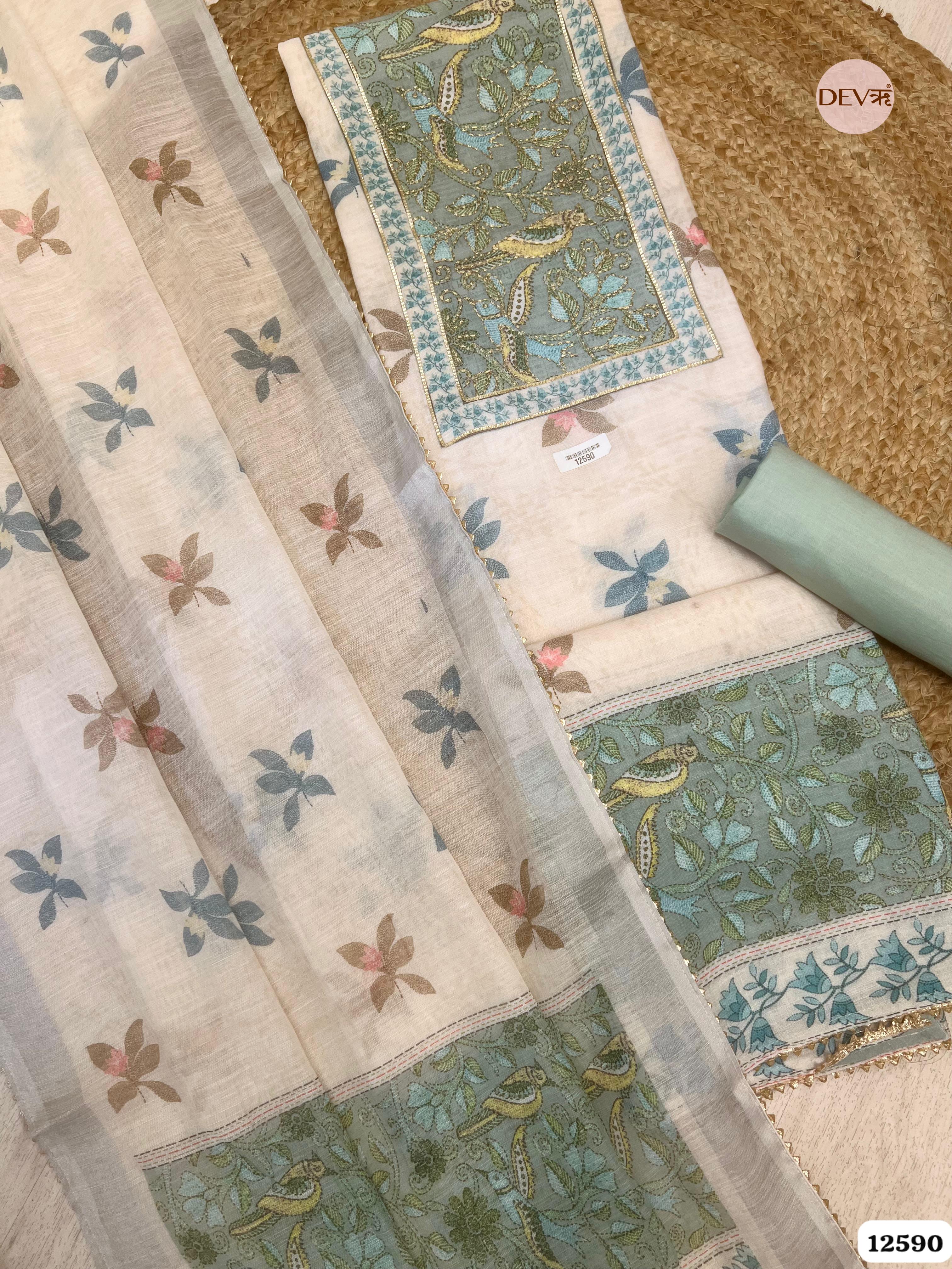 Sea Green Linen Cotton Embroidered Unstitched 3-Piece Suit (Devri – D.No 12590)