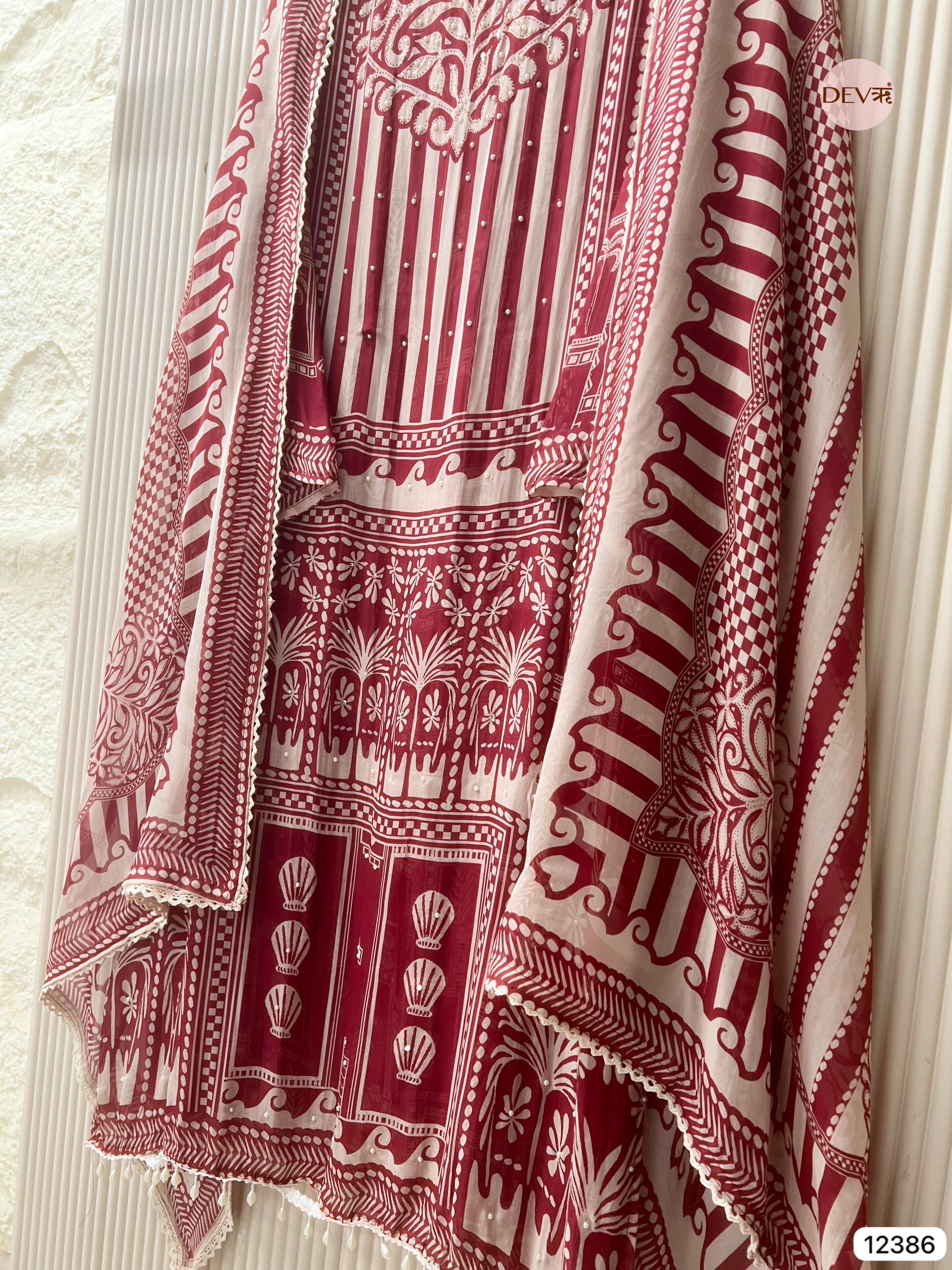 Maroon and White Organza Printed Unstitched 3-Piece Suit (Devri – D.No 12386)