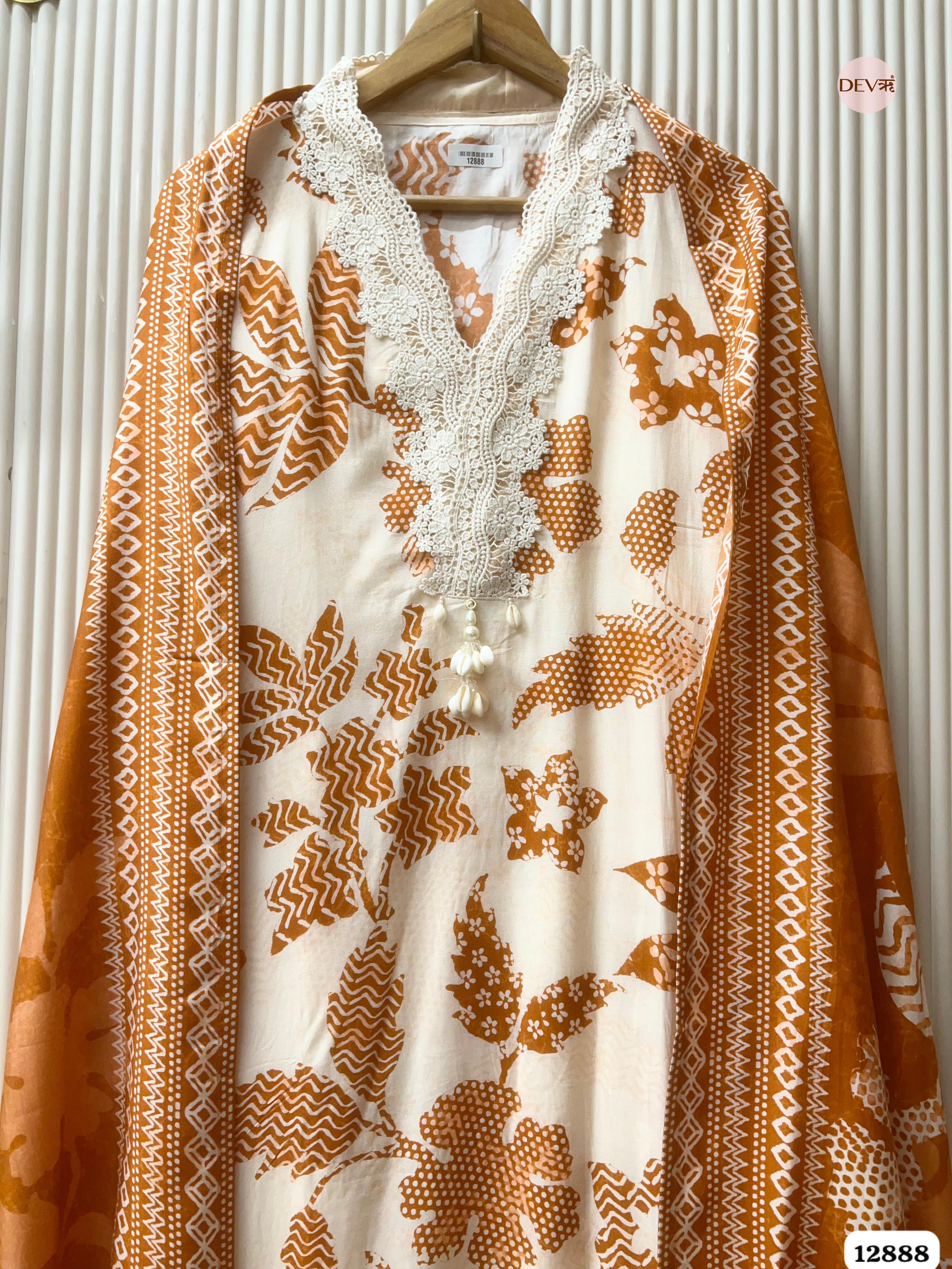 Cream Muslin Printed Unstitched 3-Piece Suit (Devri – D.No 12888)