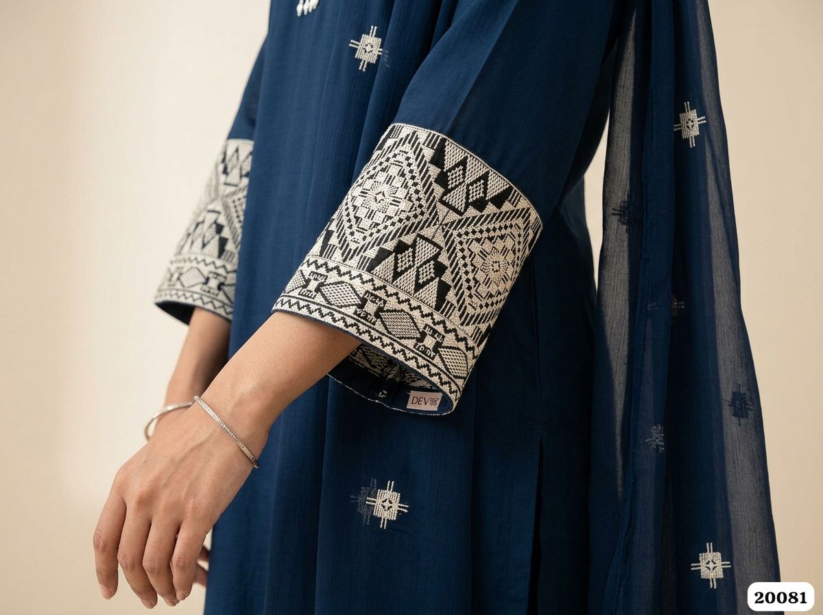 Naira Cotton Slub Embroidered Navy Blue 3-Piece Set (Devri – D.No 20081)