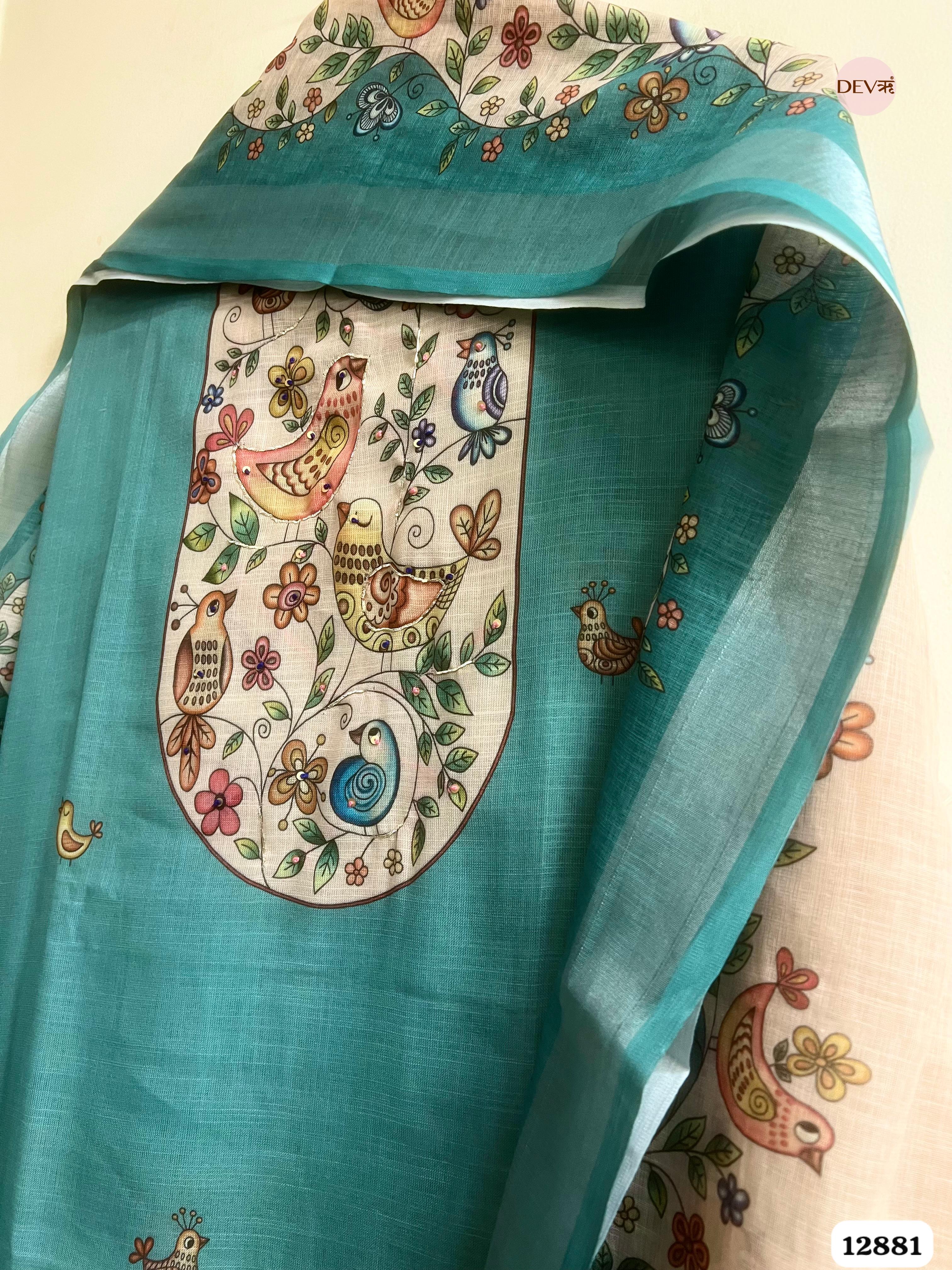 Teal Blue Linen Cotton Printed Unstitched 3-Piece Suit (Devri – D.No 12881)