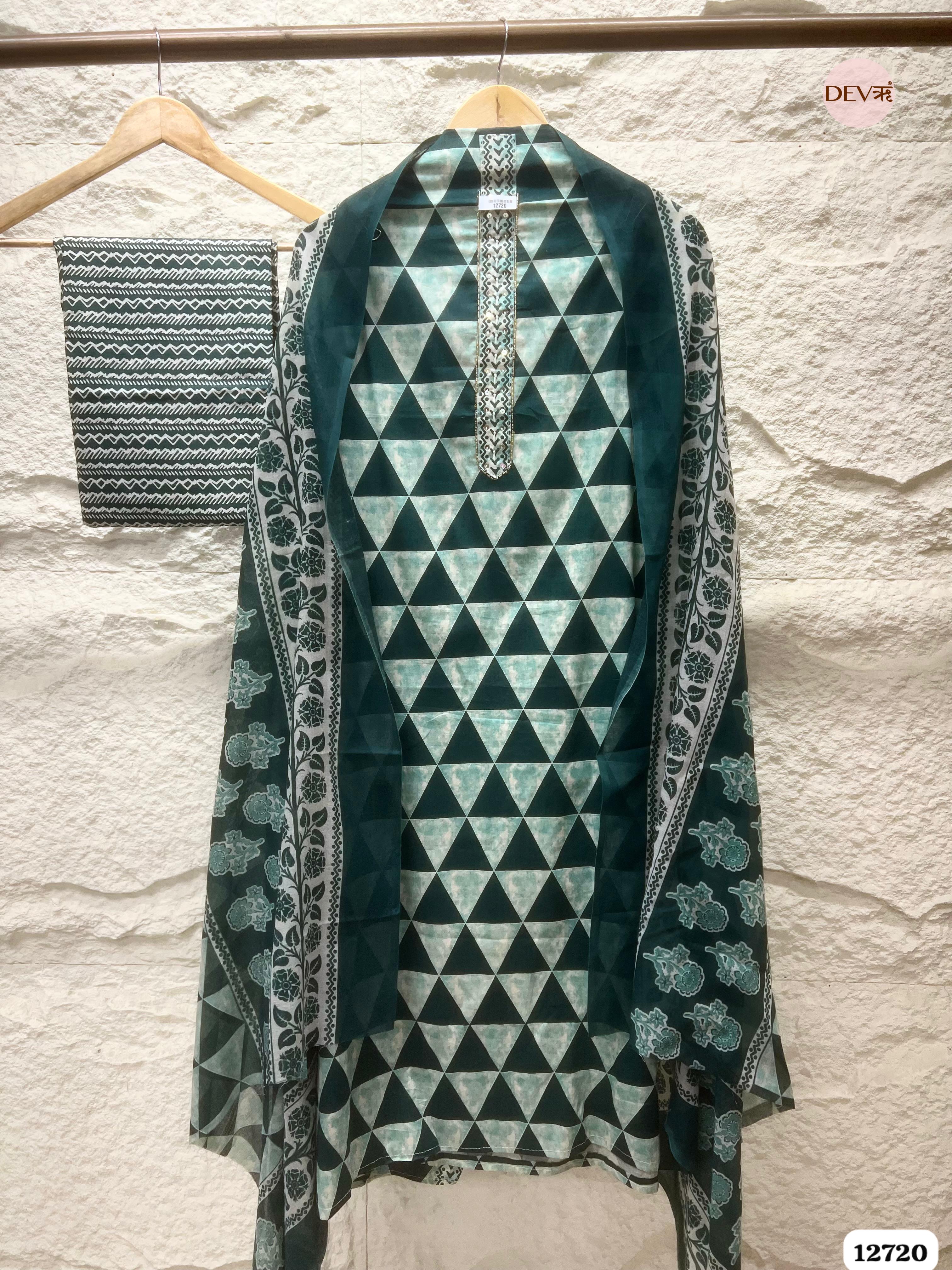 Bottle Green Cotton Printed Unstitched 3-Piece Suit (Devri – D.No 12720)