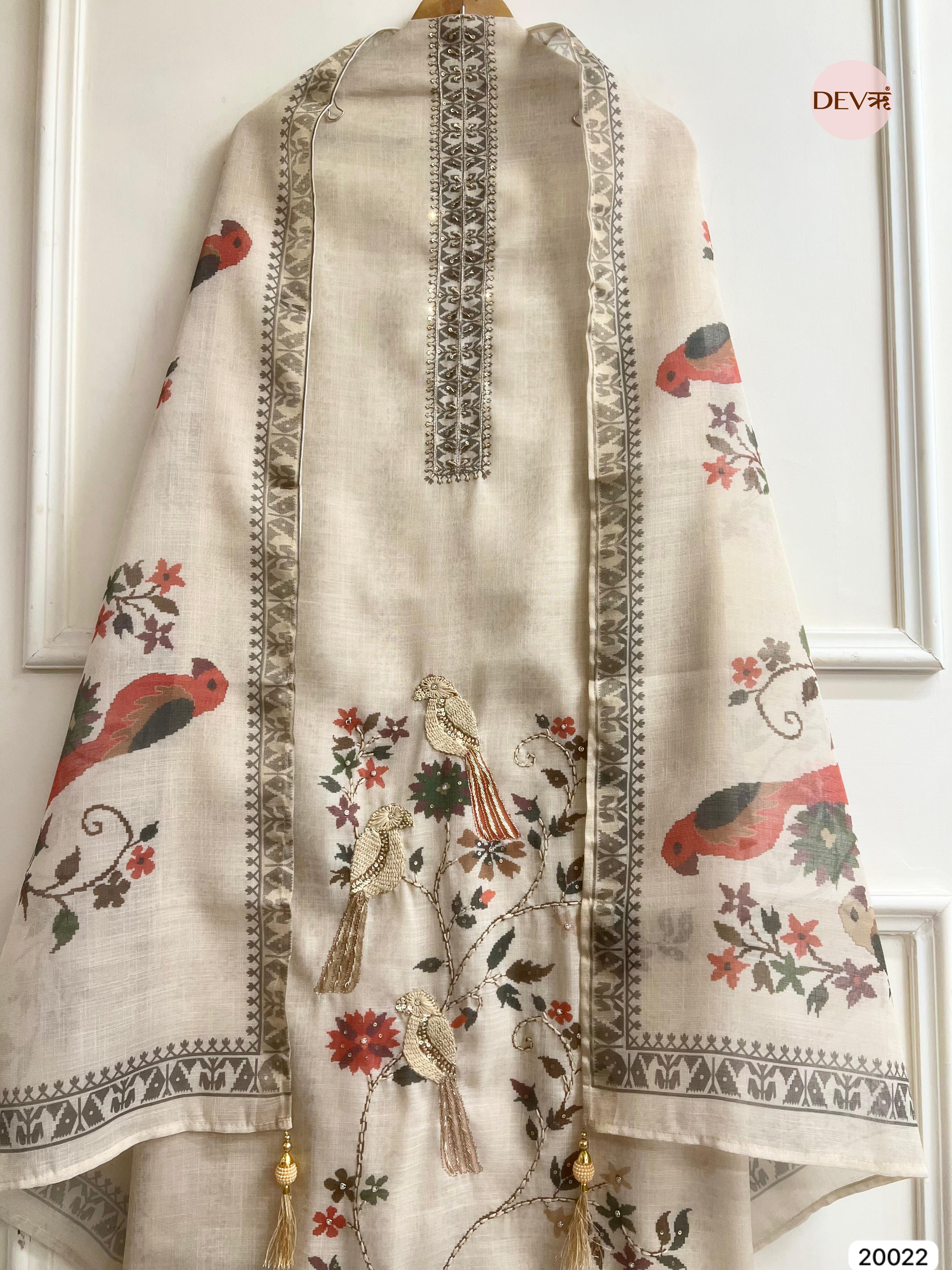 Ivory Linen Cotton Embroidered Unstitched 3-Piece Suit (Devri – D.No 20022)