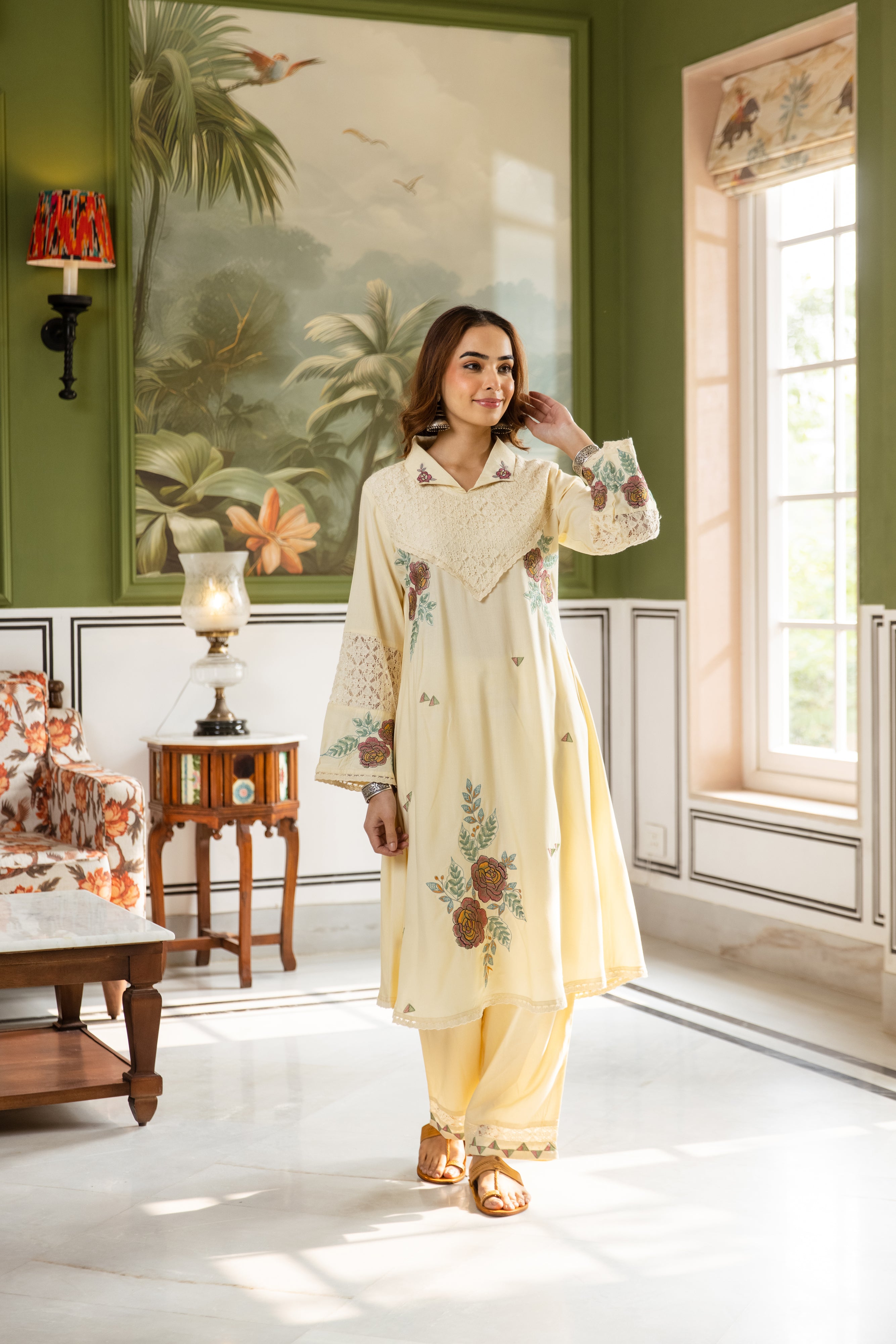Ruhani German Reyon Embroidered Cream 2-Piece Set (Devri – D.No 20065)