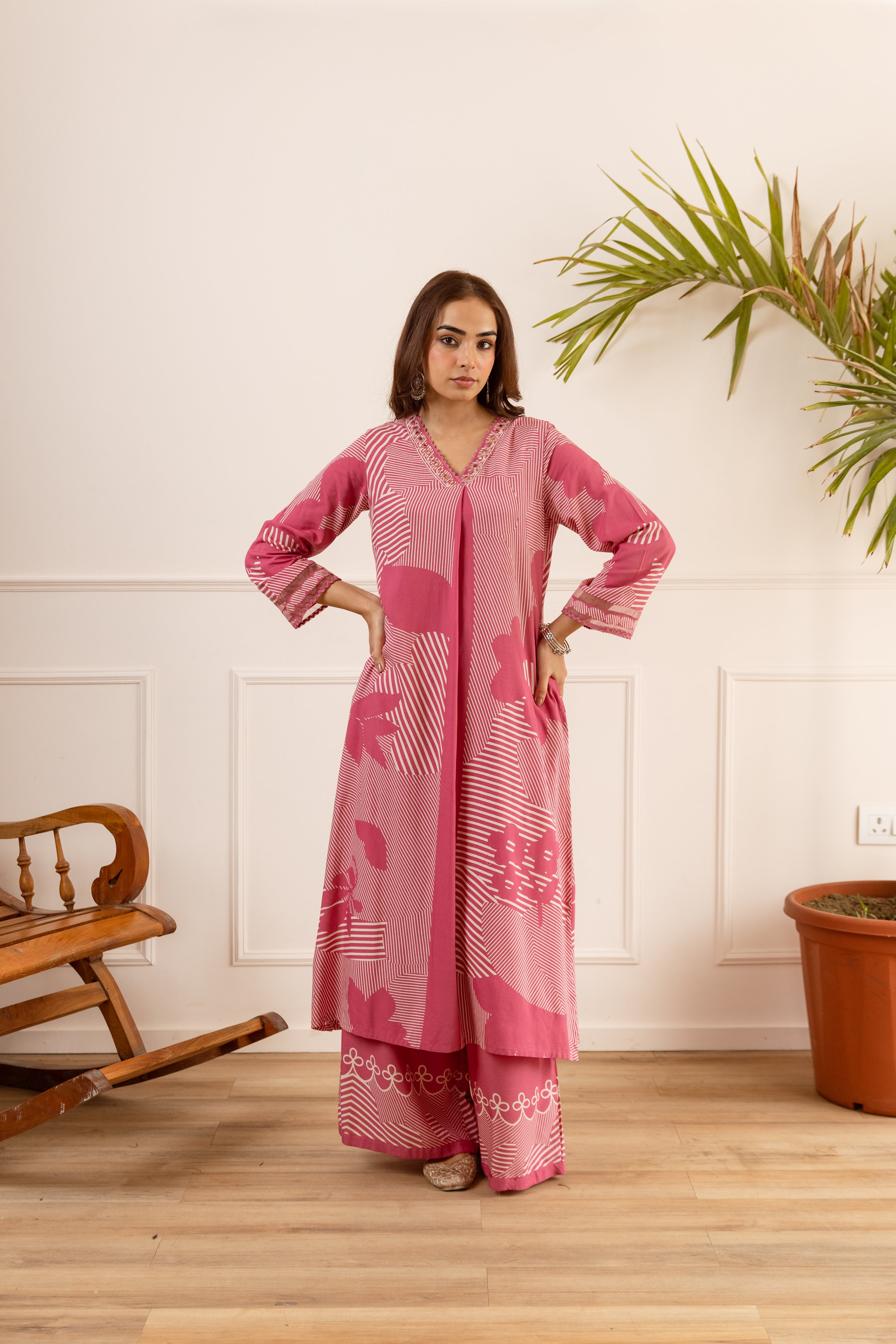 Sana German Reyon Printed Pink 2-Piece Set (Devri – D.No 20072)