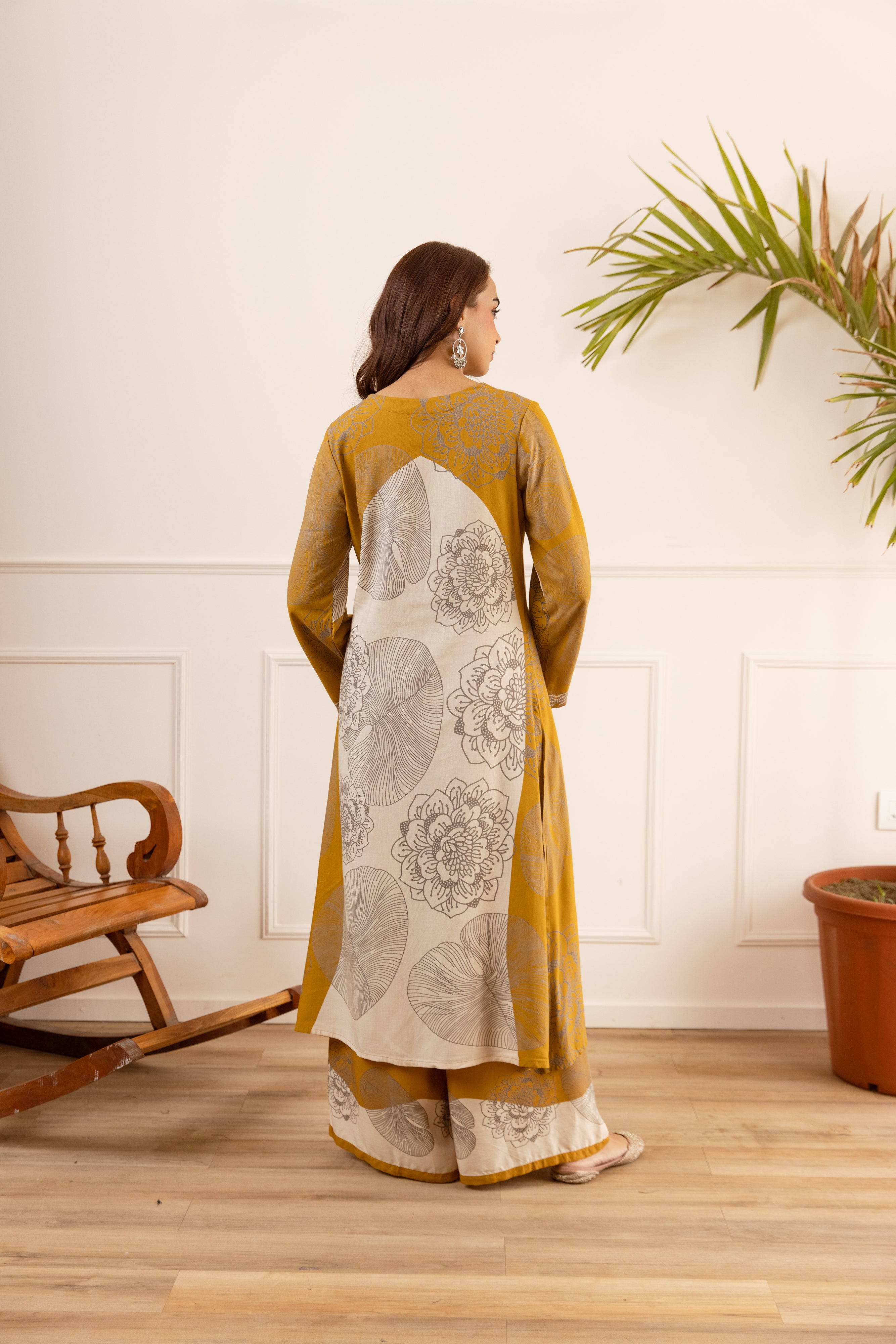 Gulnaar German reyon Printed Mustard 2-Piece Set (Devri – D.No 21021)