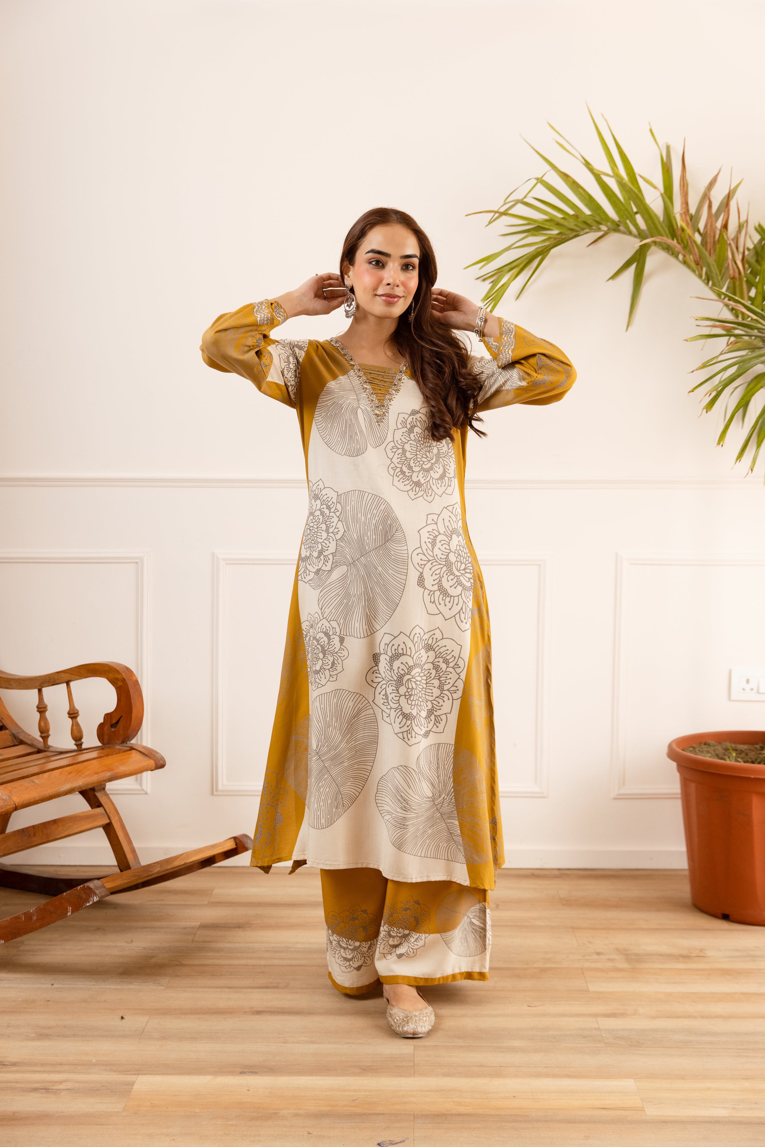 Gulnaar German reyon Printed Mustard 2-Piece Set (Devri – D.No 21021)