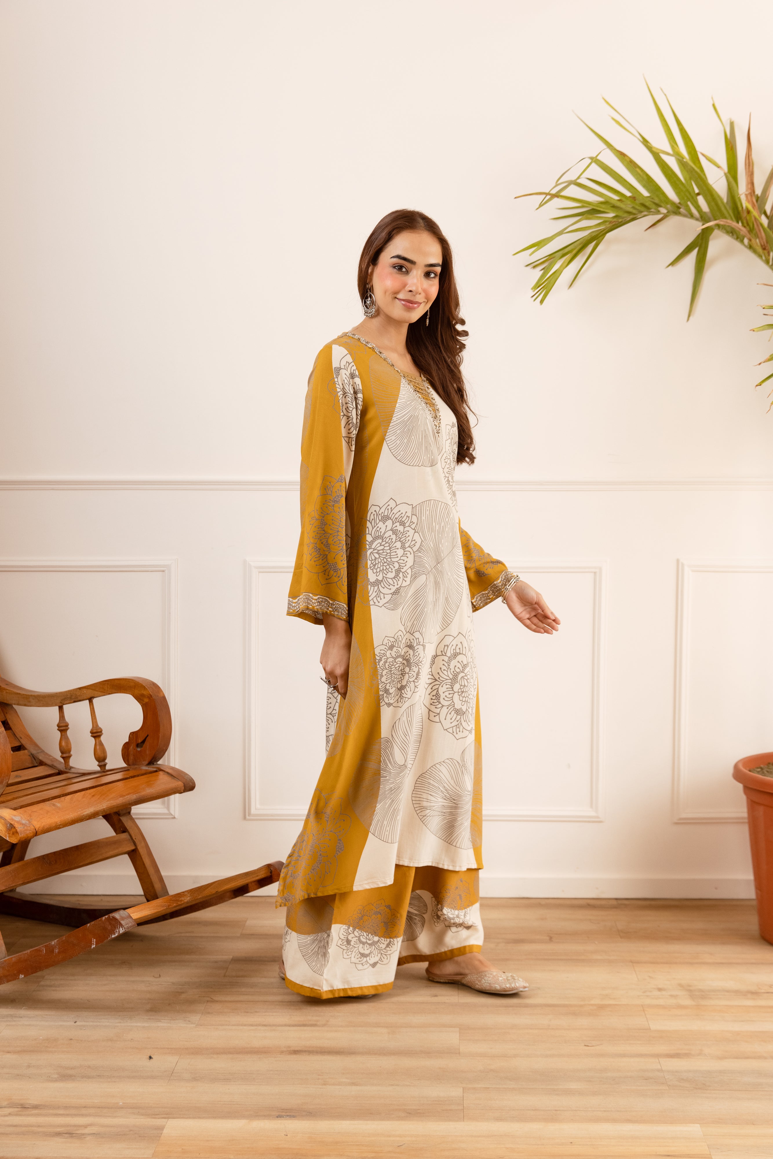 Gulnaar German reyon Printed Mustard 2-Piece Set (Devri – D.No 21021)