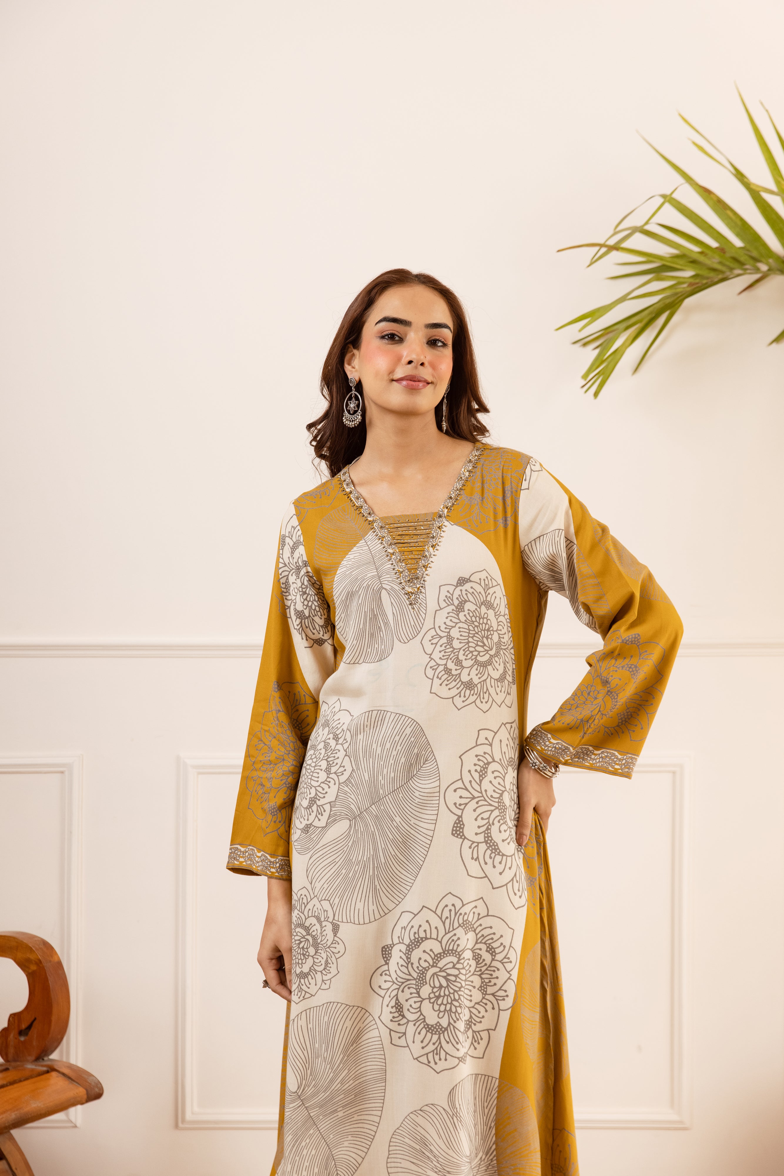 Gulnaar German reyon Printed Mustard 2-Piece Set (Devri – D.No 21021)