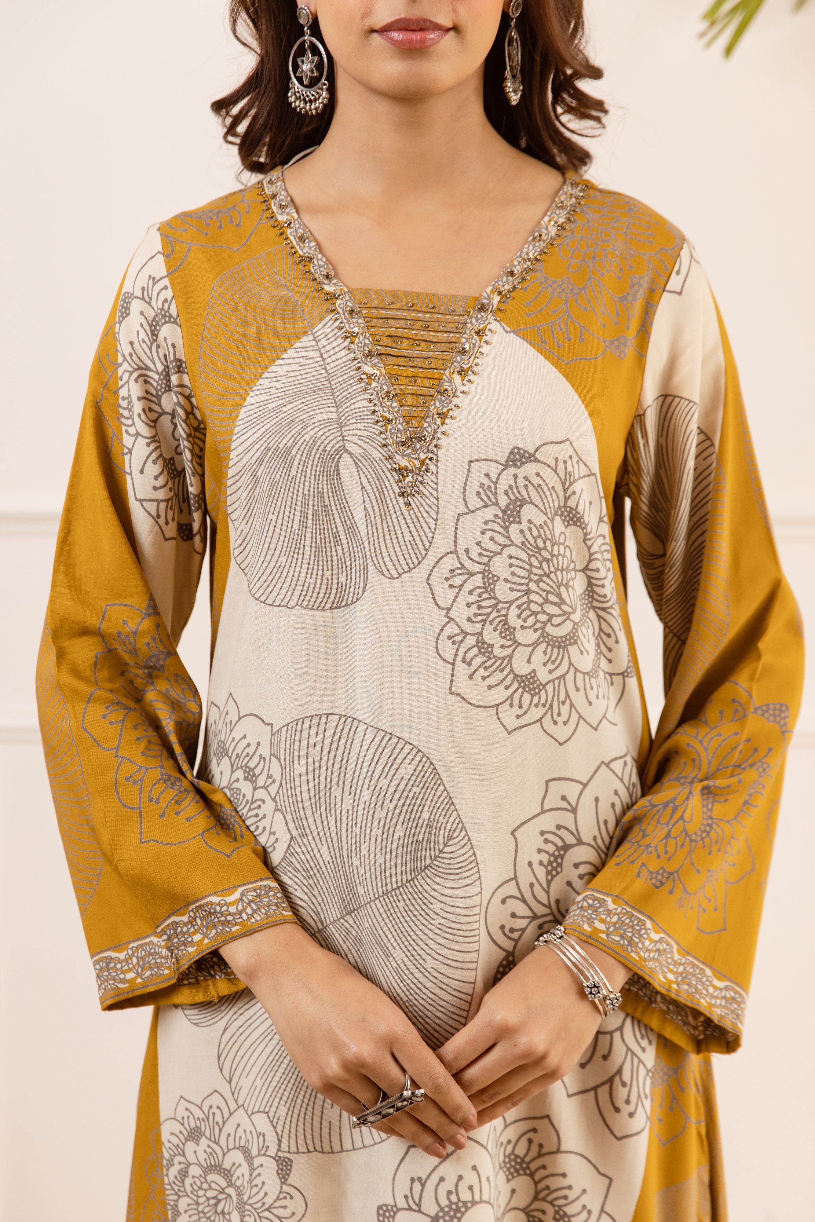 Gulnaar German reyon Printed Mustard 2-Piece Set (Devri – D.No 21021)