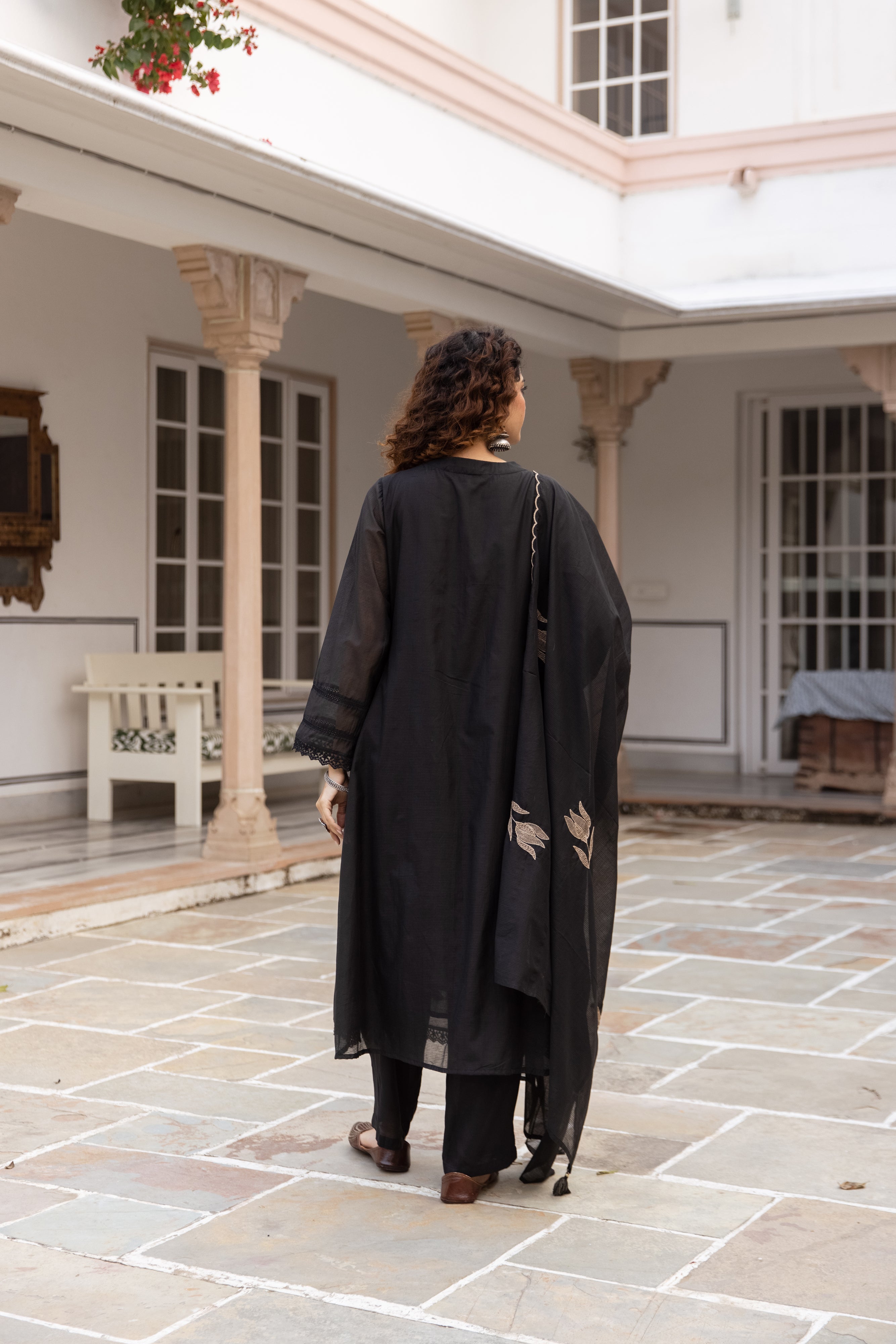 Nirvaya Mul Cotton Embroidered Black 3-Piece Set (Devri – D.No 20057)