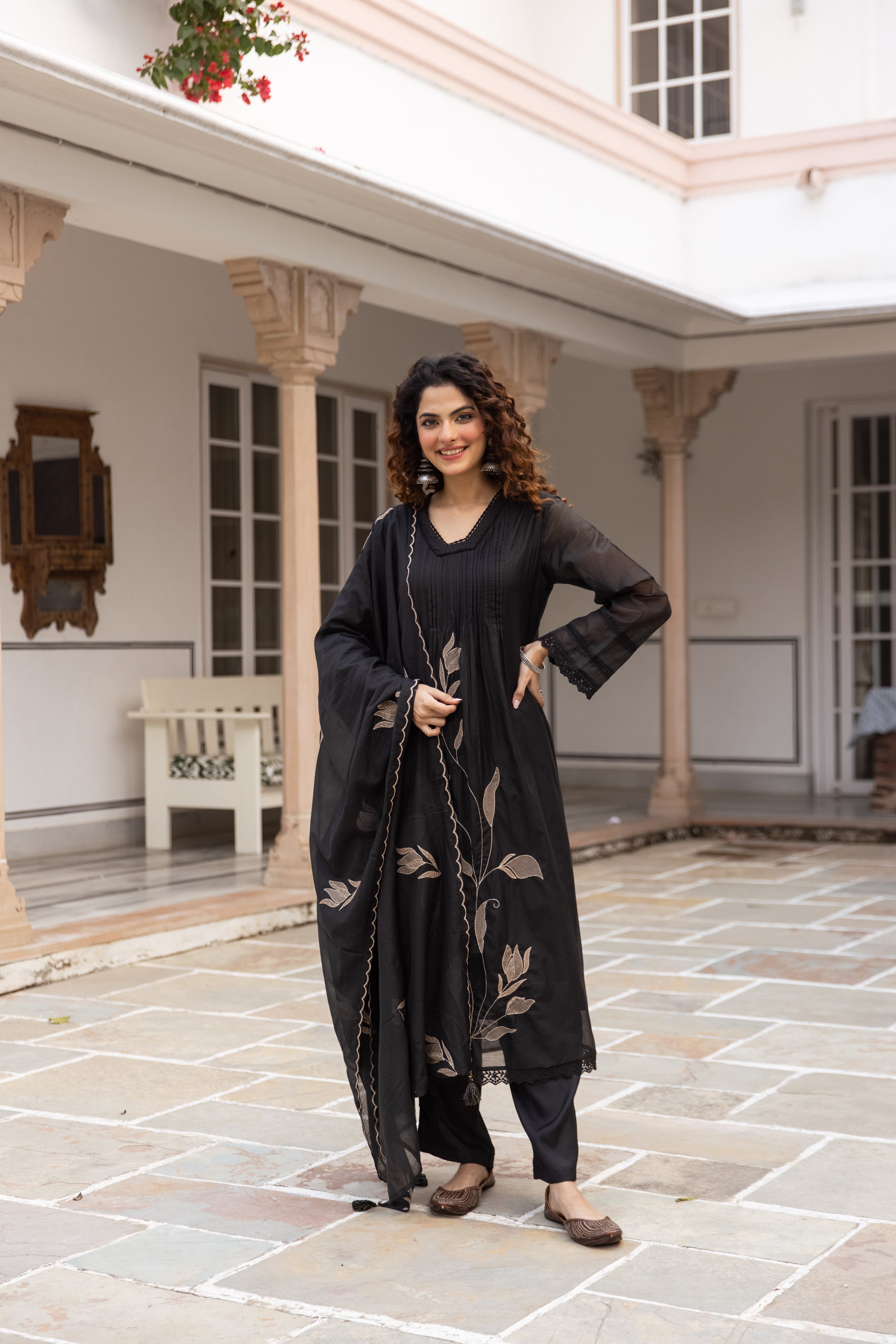 Nirvaya Mul Cotton Embroidered Black 3-Piece Set (Devri – D.No 20057)