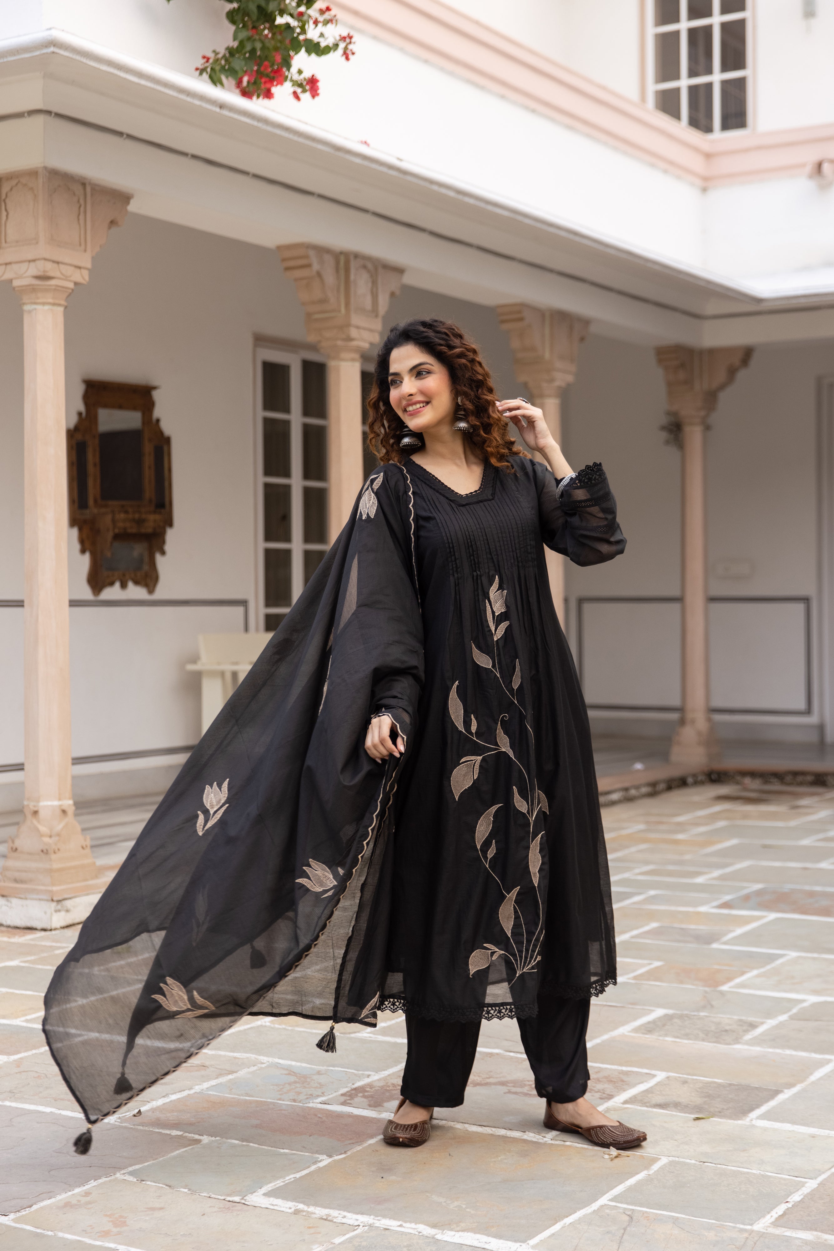 Nirvaya Mul Cotton Embroidered Black 3-Piece Set (Devri – D.No 20057)