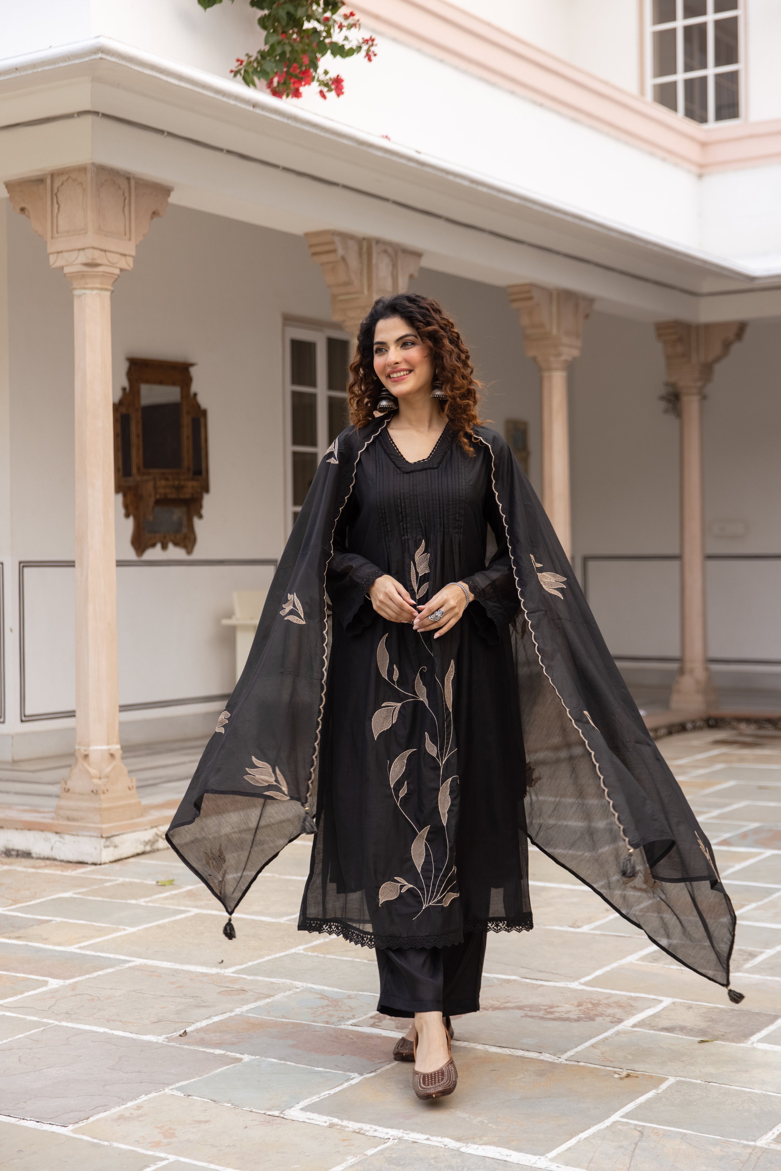 Nirvaya Mul Cotton Embroidered Black 3-Piece Set (Devri – D.No 20057)