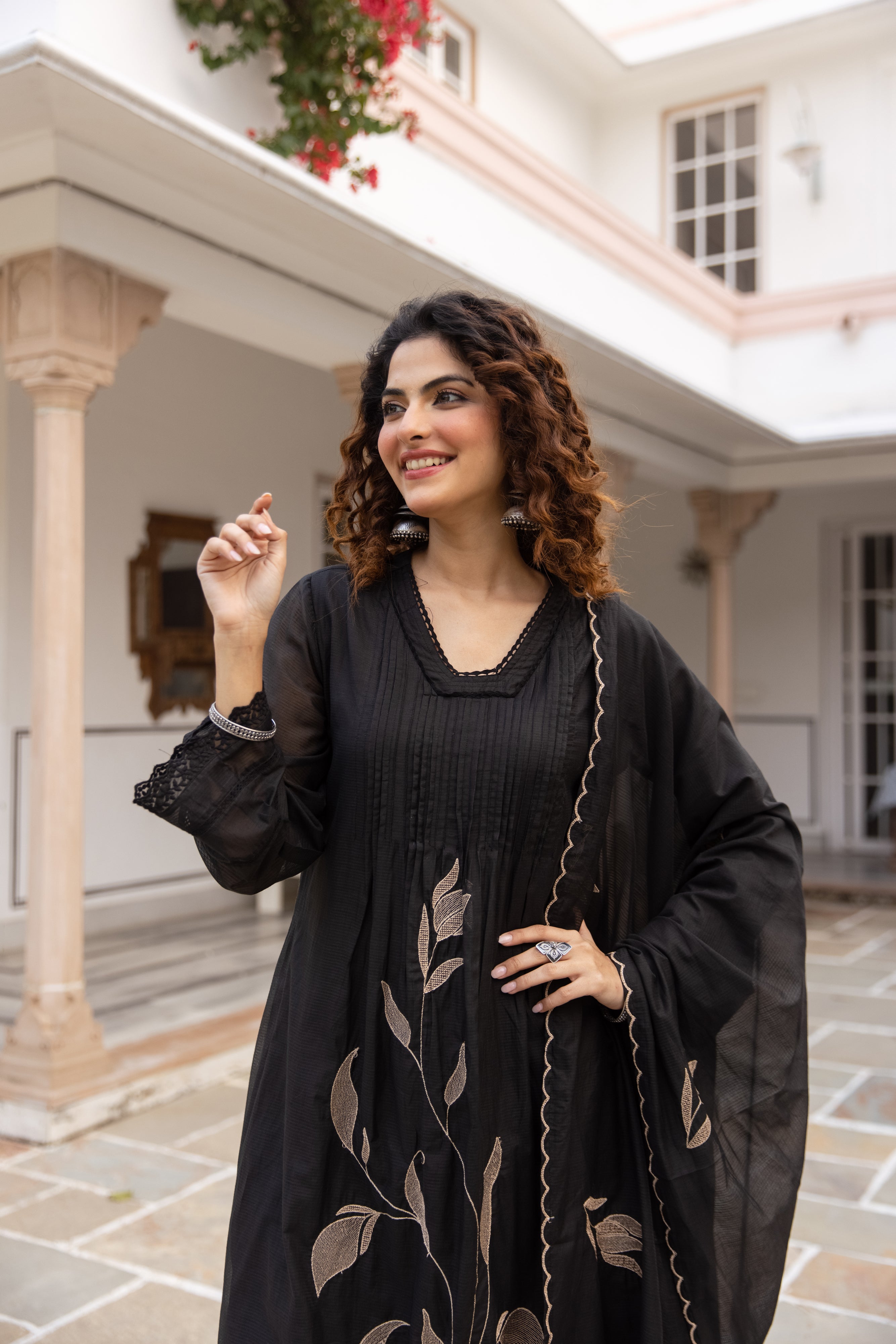 Nirvaya Mul Cotton Embroidered Black 3-Piece Set (Devri – D.No 20057)