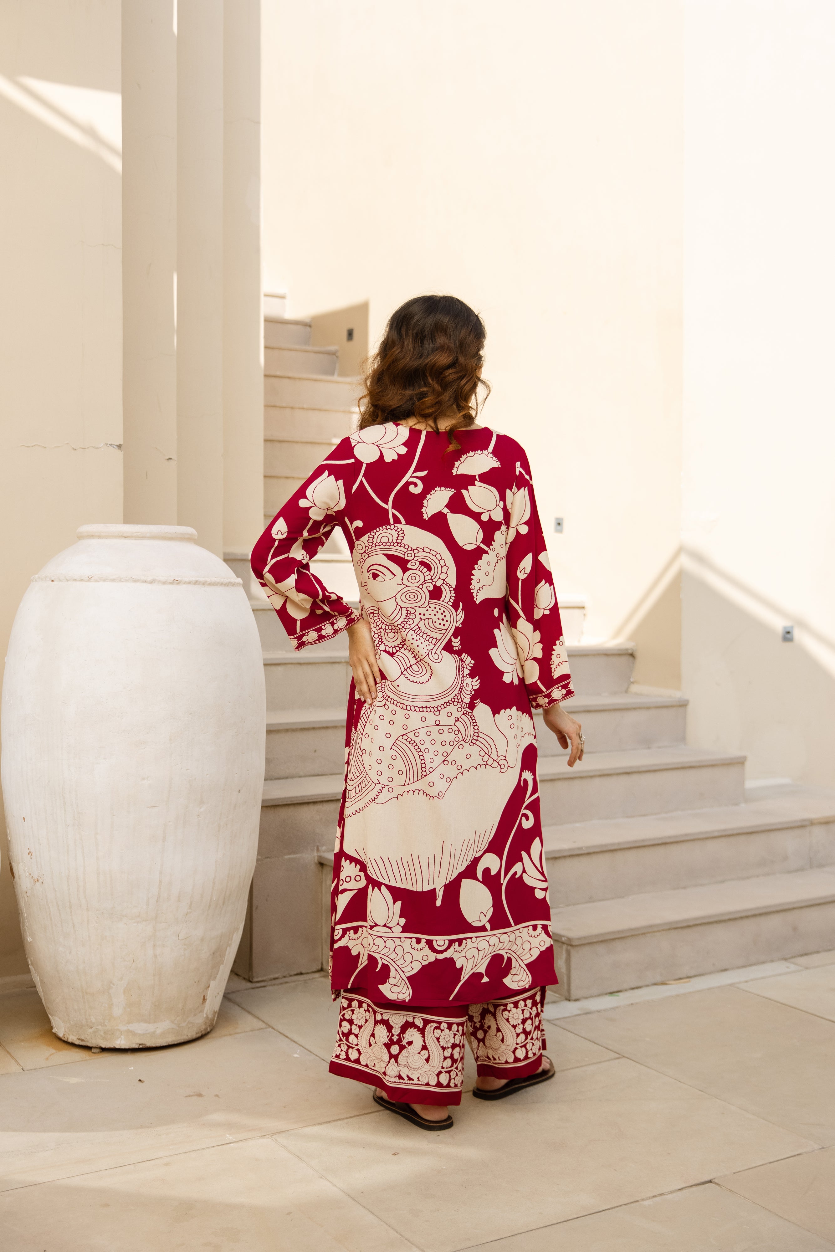 Charvi German Reyon Printed Maroon & Cream 2-Piece Set (Devri – D.No 20092)
