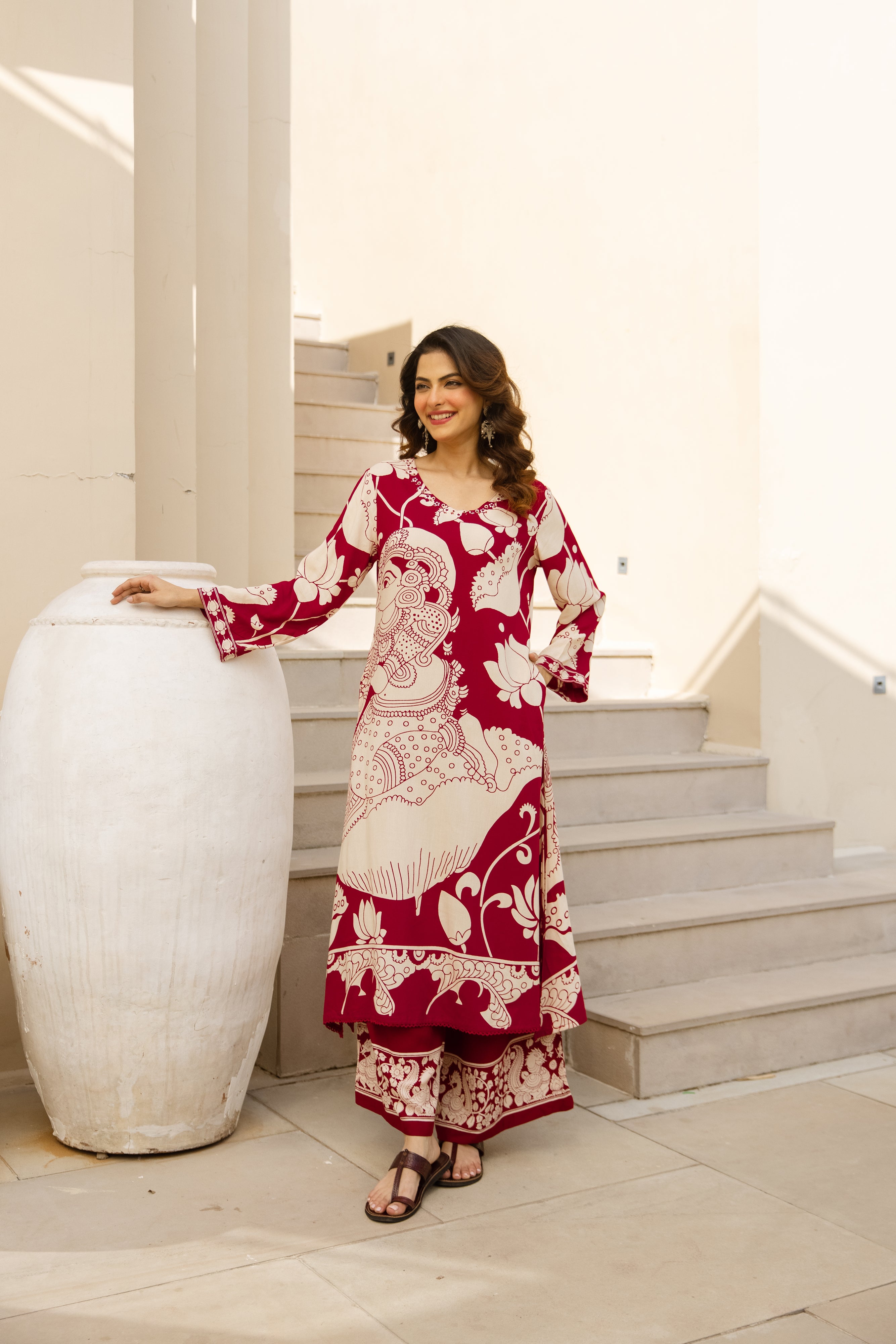 Charvi German Reyon Printed Maroon & Cream 2-Piece Set (Devri – D.No 20092)