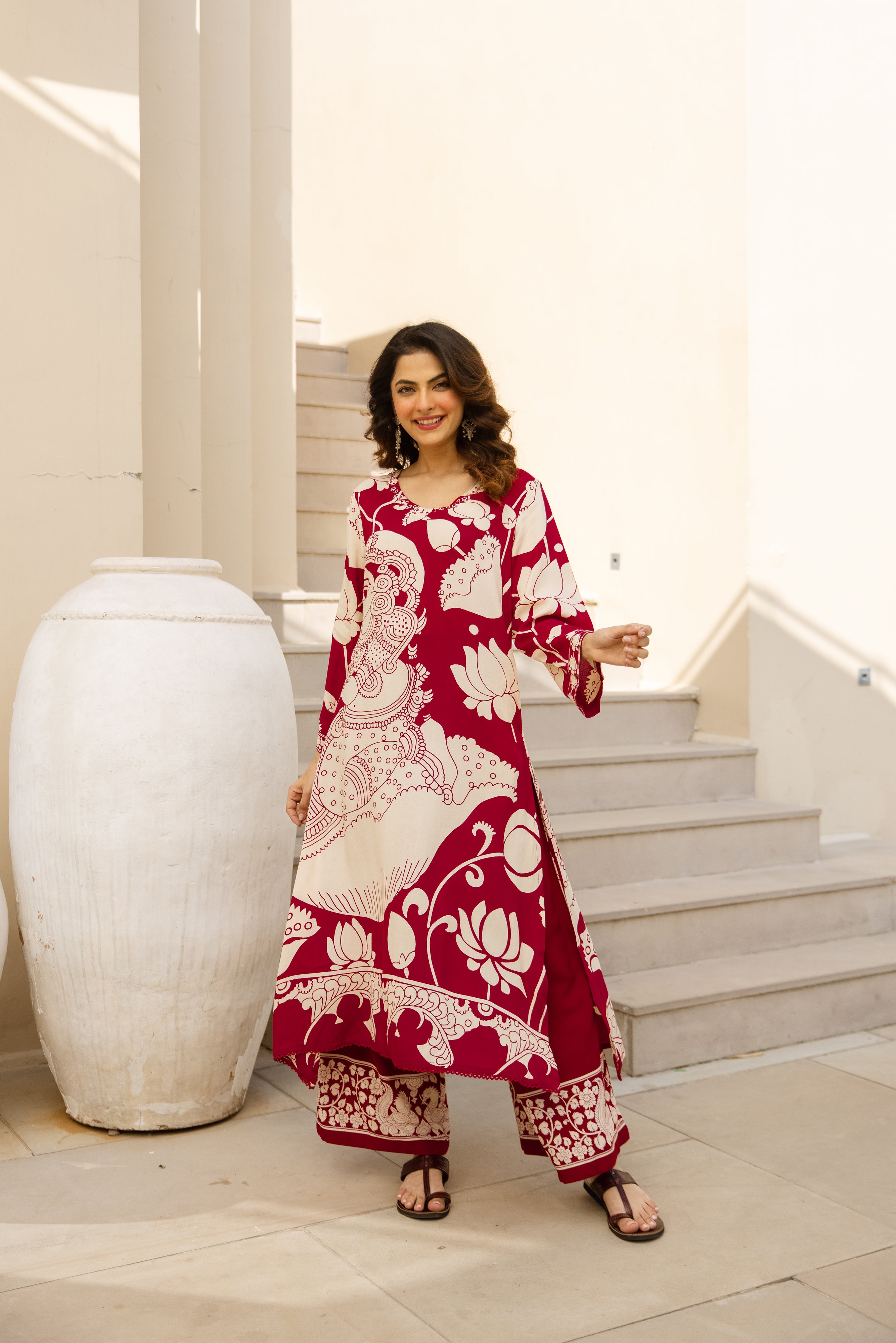 Charvi German Reyon Printed Maroon & Cream 2-Piece Set (Devri – D.No 20092)