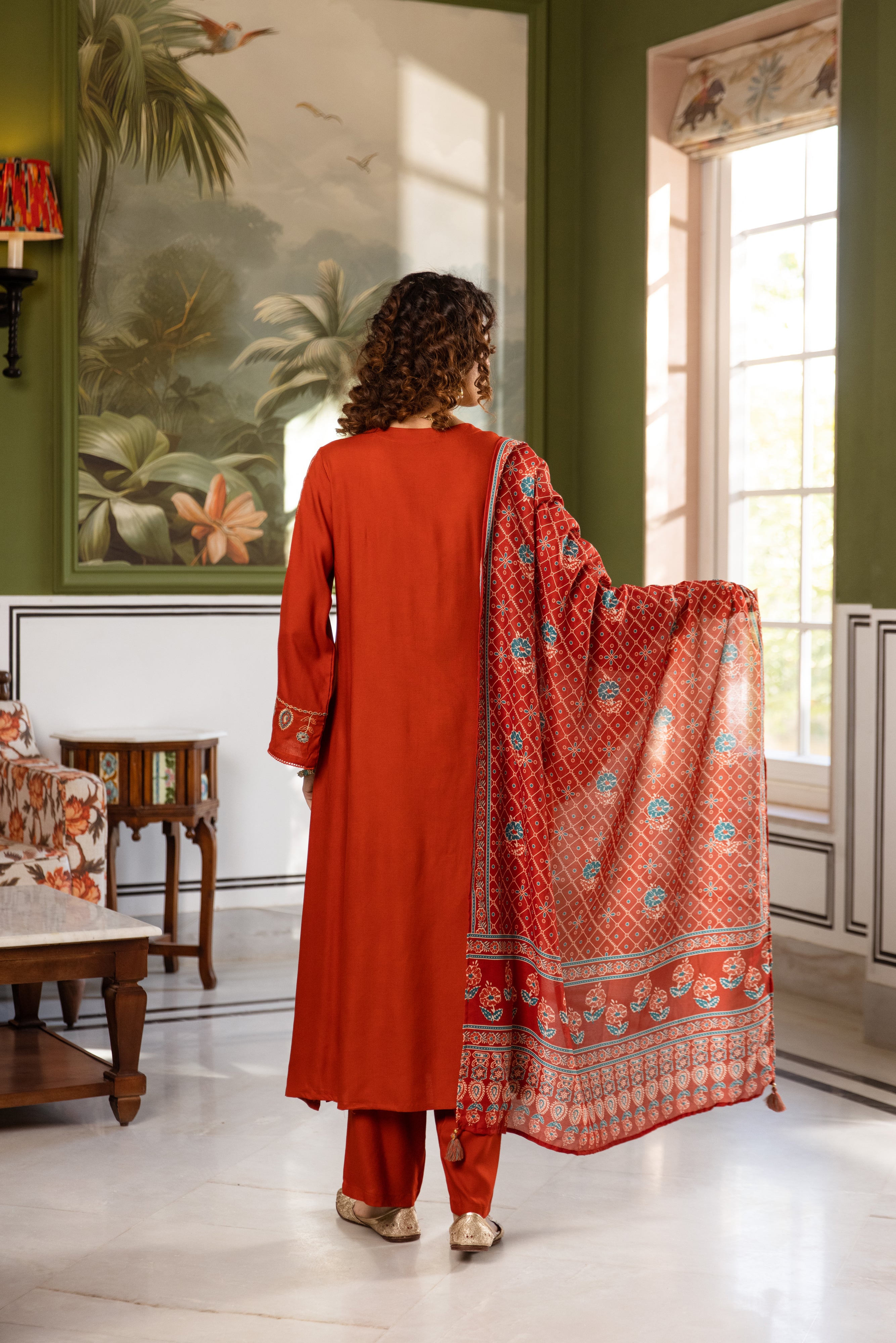 Amara German Reyon Embroidered Rust Red 3-Piece Set (Devri – D.No 20070)