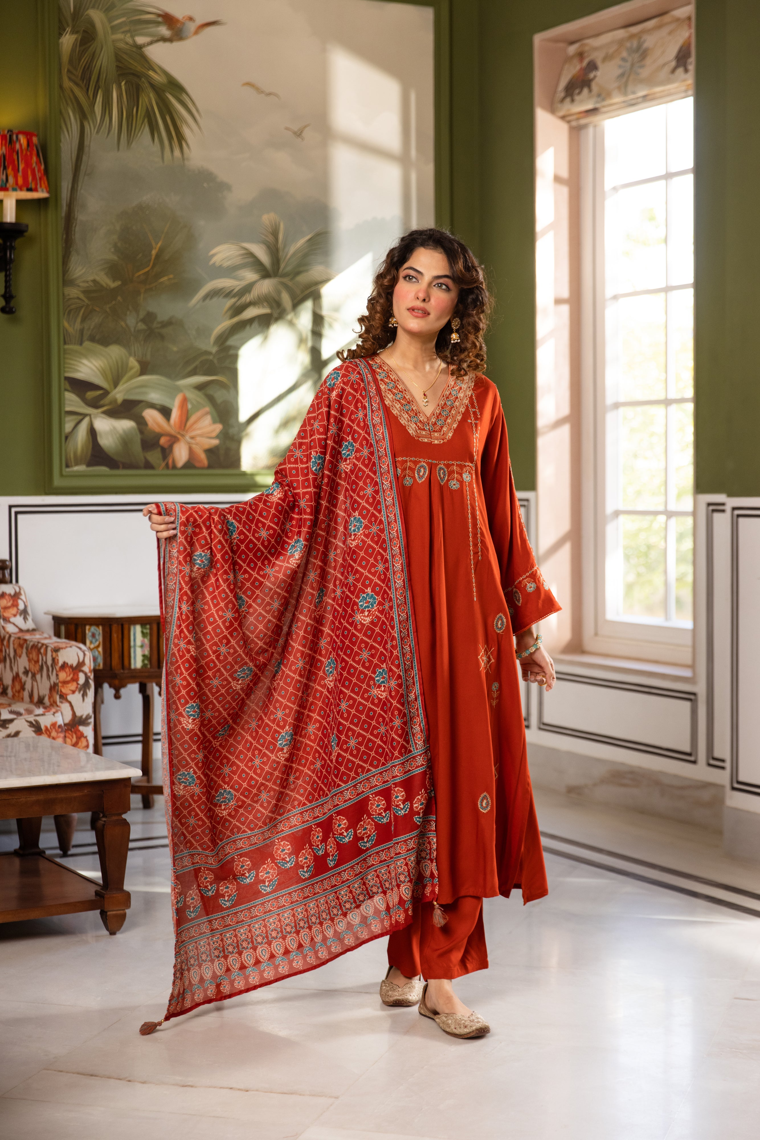 Amara German Reyon Embroidered Rust Red 3-Piece Set (Devri – D.No 20070)
