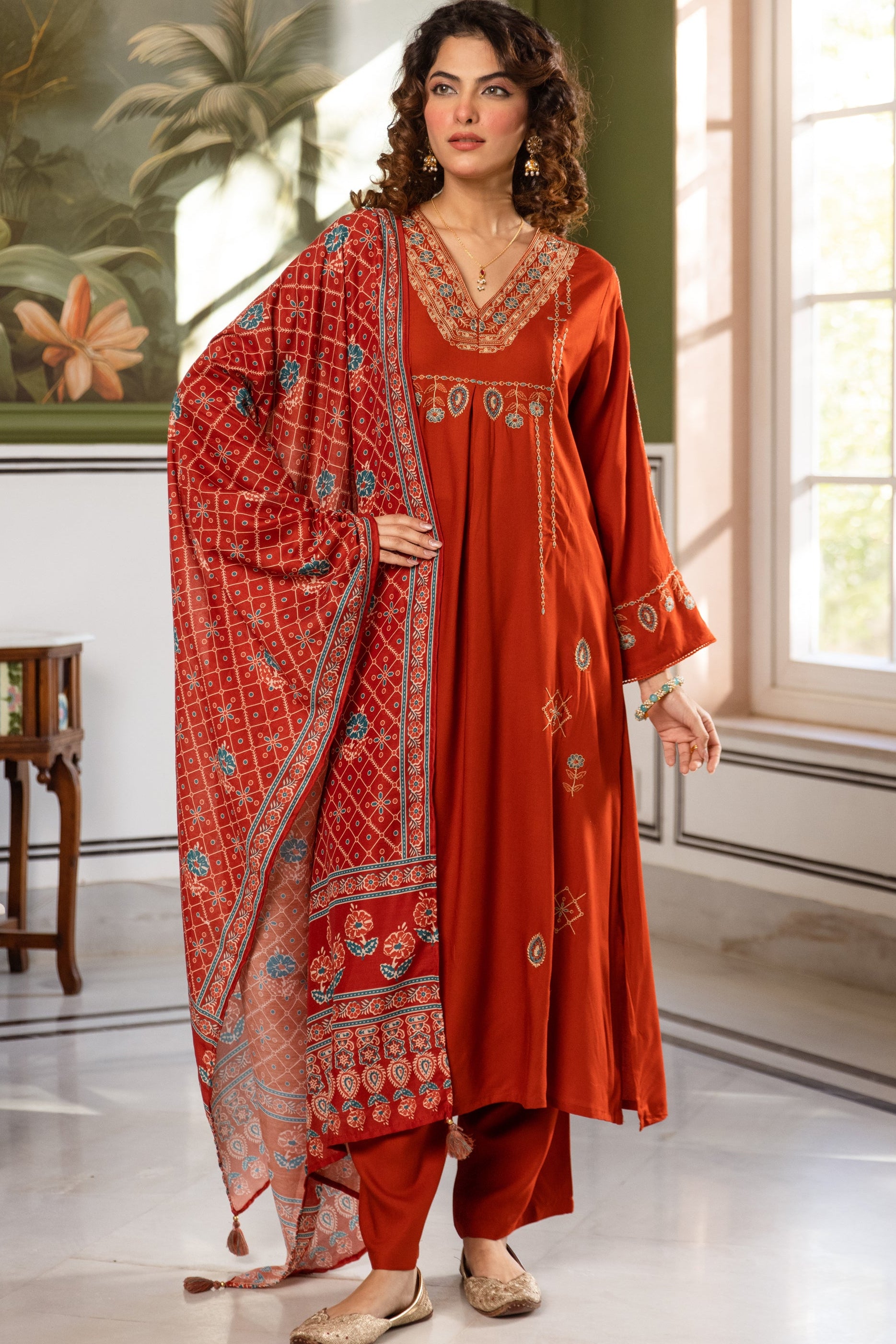Amara German Reyon Embroidered Rust Red 3-Piece Set (Devri – D.No 20070)