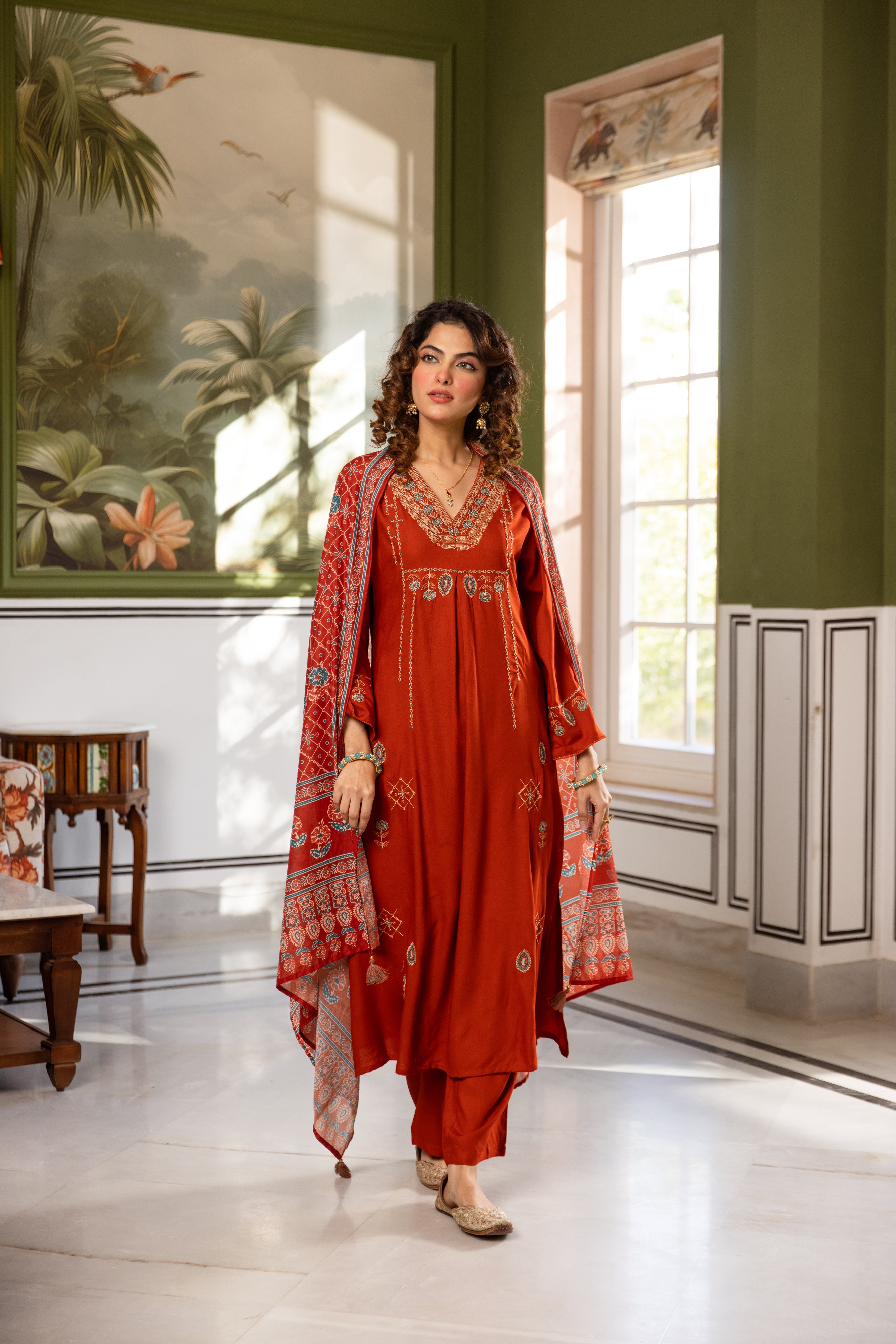 Amara German Reyon Embroidered Rust Red 3-Piece Set (Devri – D.No 20070)