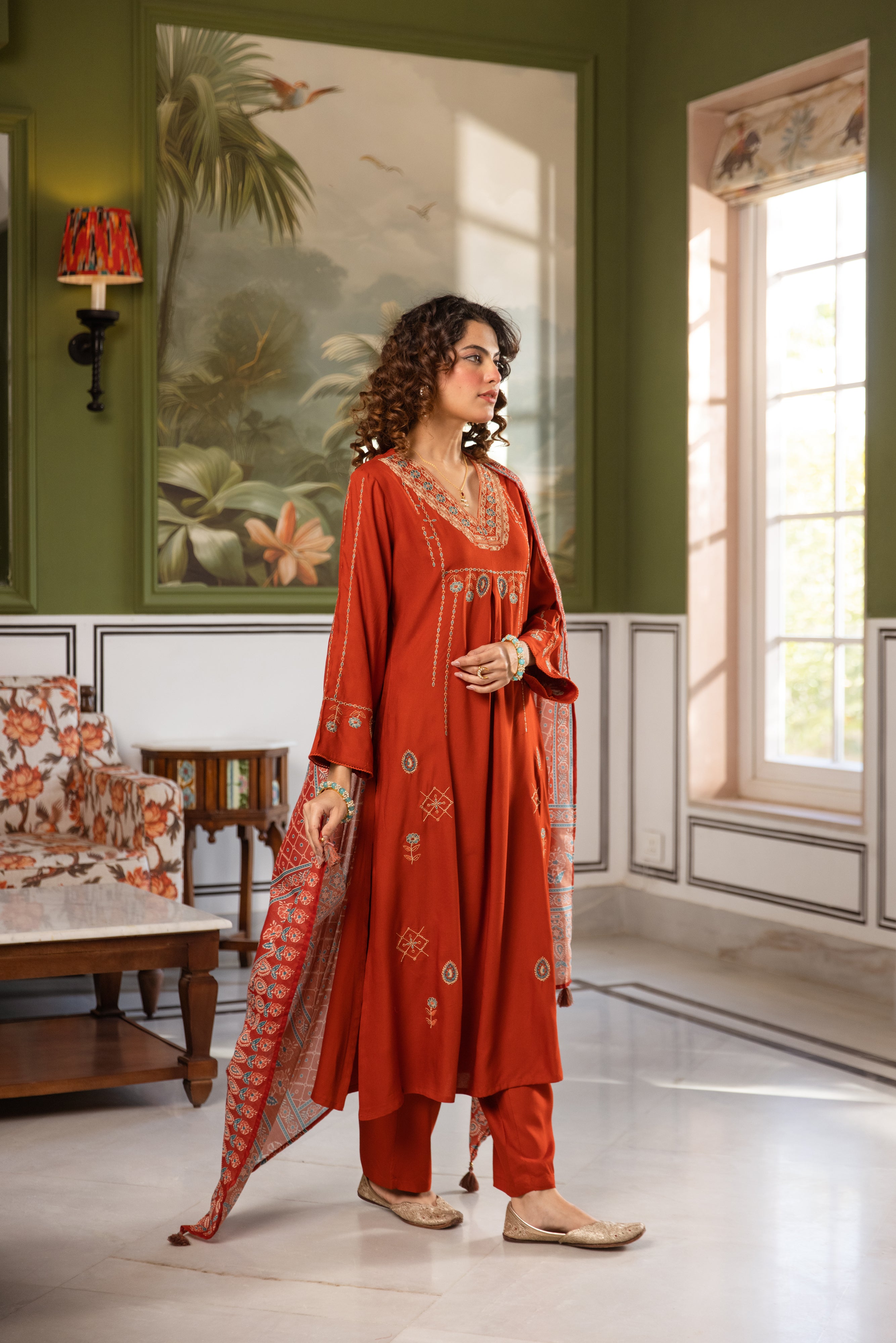Amara German Reyon Embroidered Rust Red 3-Piece Set (Devri – D.No 20070)