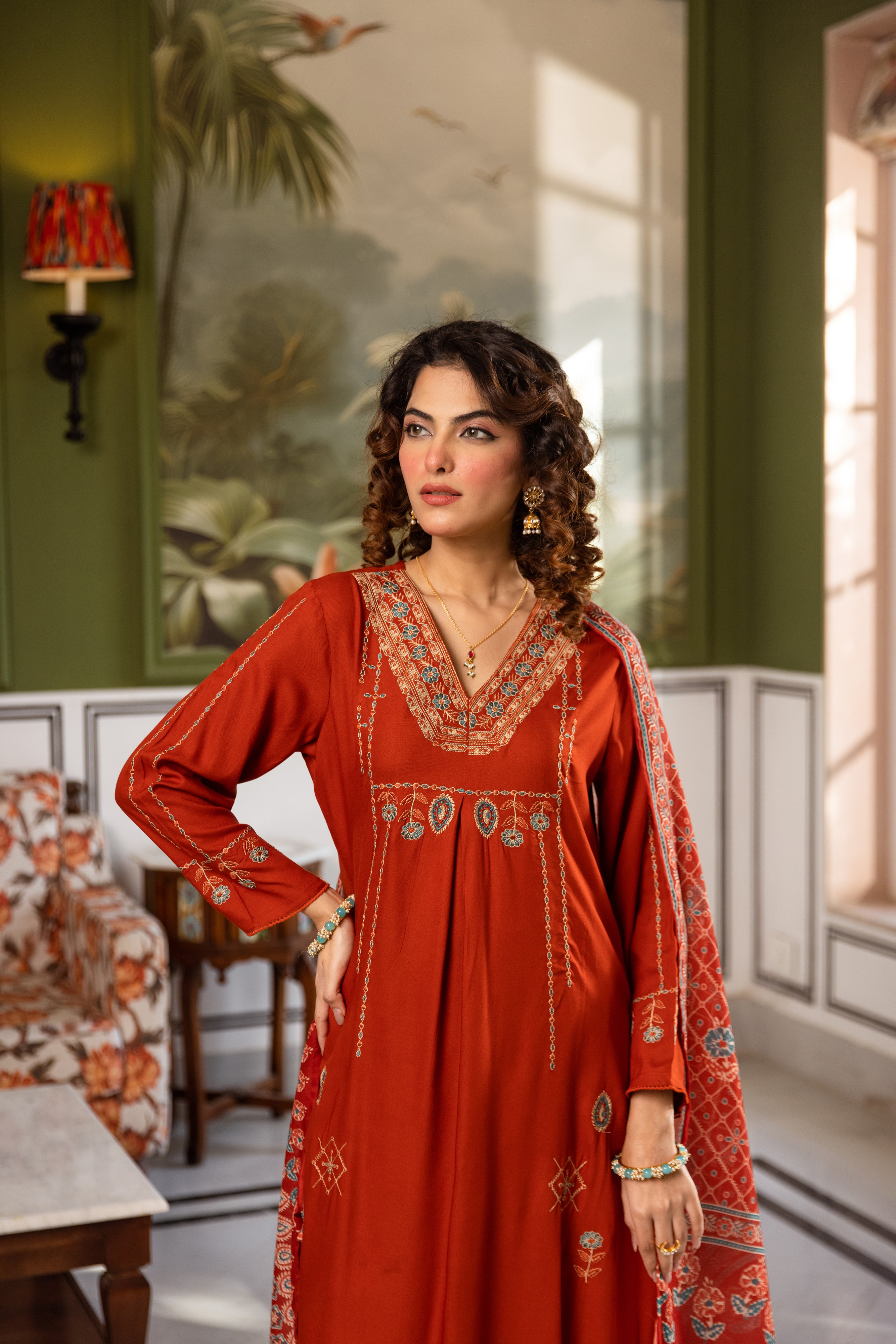 Amara German Reyon Embroidered Rust Red 3-Piece Set (Devri – D.No 20070)