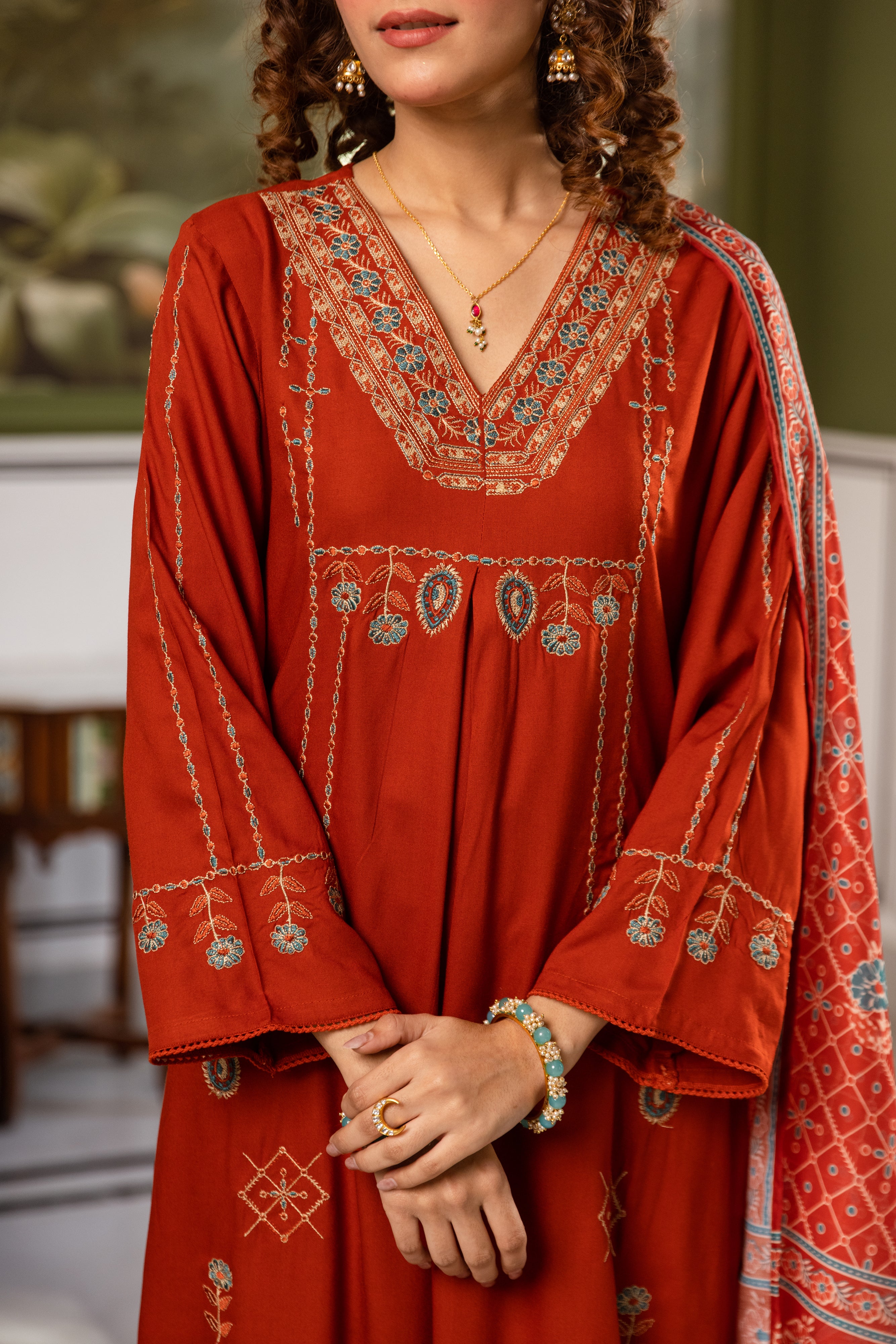Amara German Reyon Embroidered Rust Red 3-Piece Set (Devri – D.No 20070)