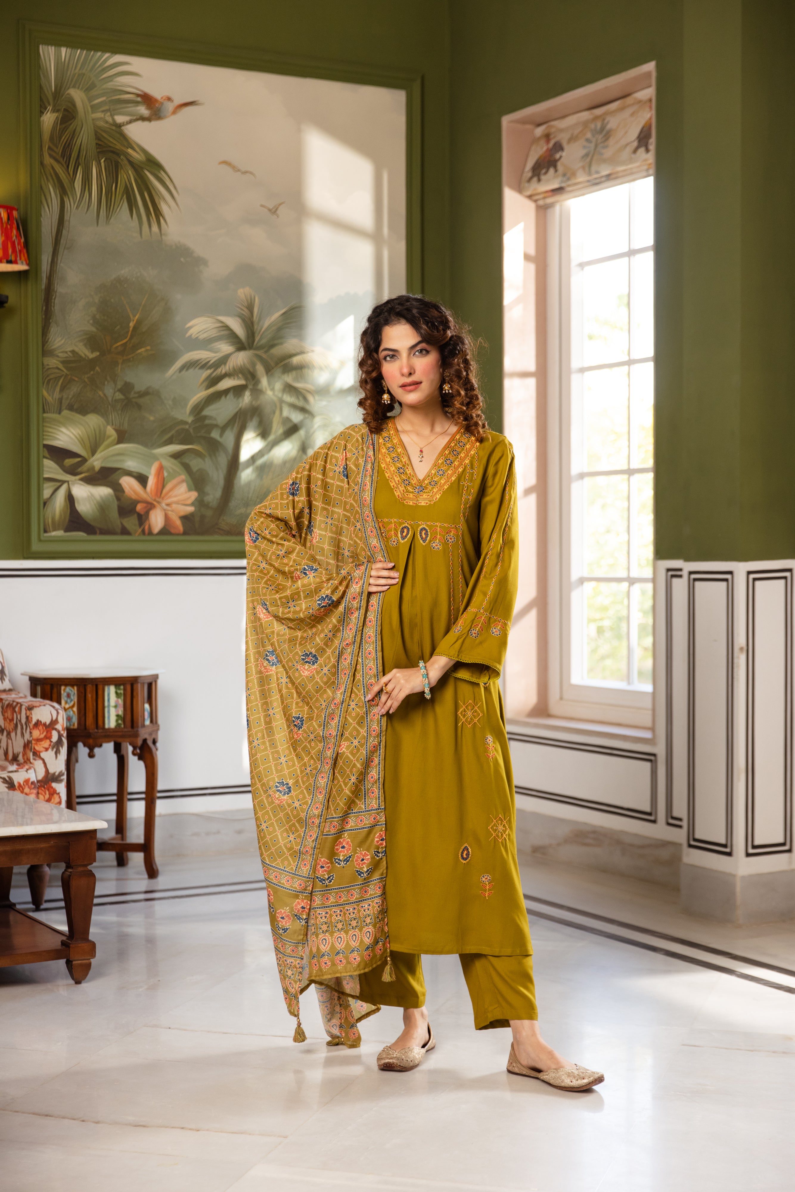Zoya German Reyon Embroidered Olive Green 3-Piece Set (Devri – D.No 20069)