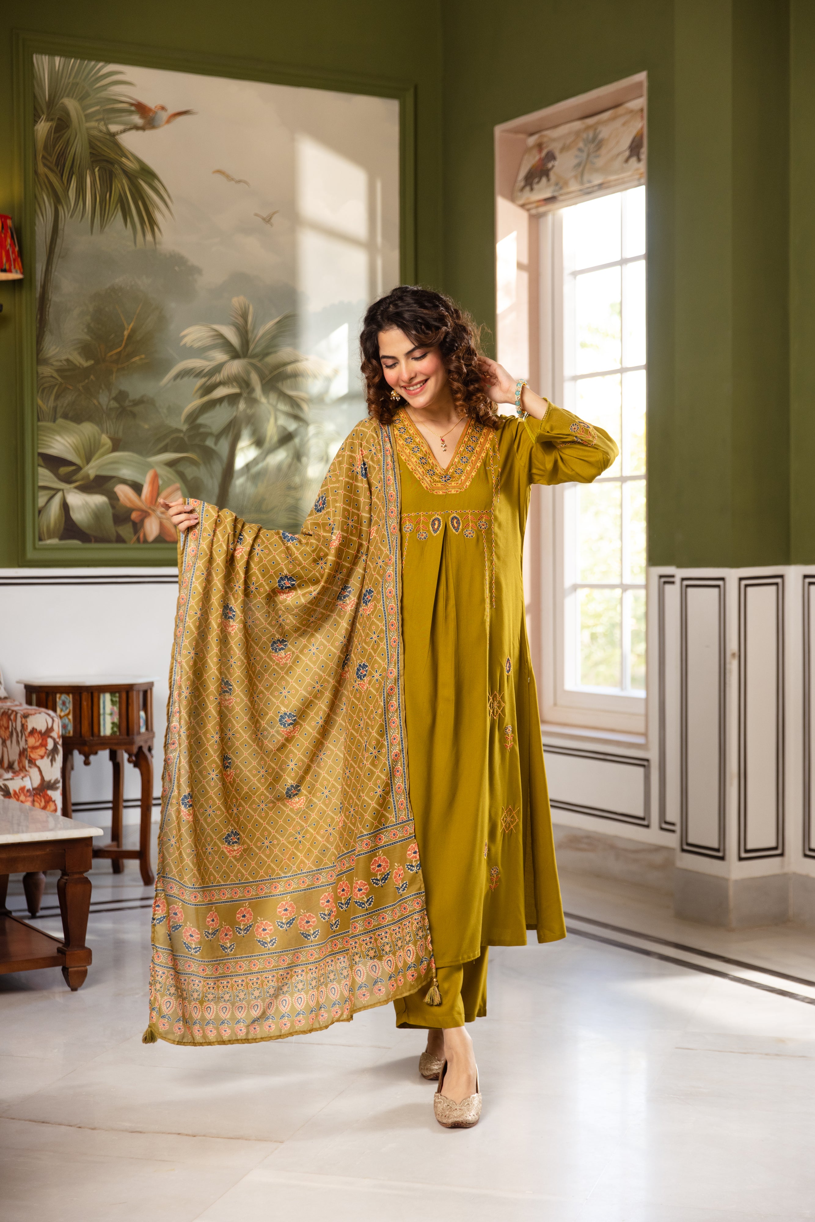Zoya German Reyon Embroidered Olive Green 3-Piece Set (Devri – D.No 20069)