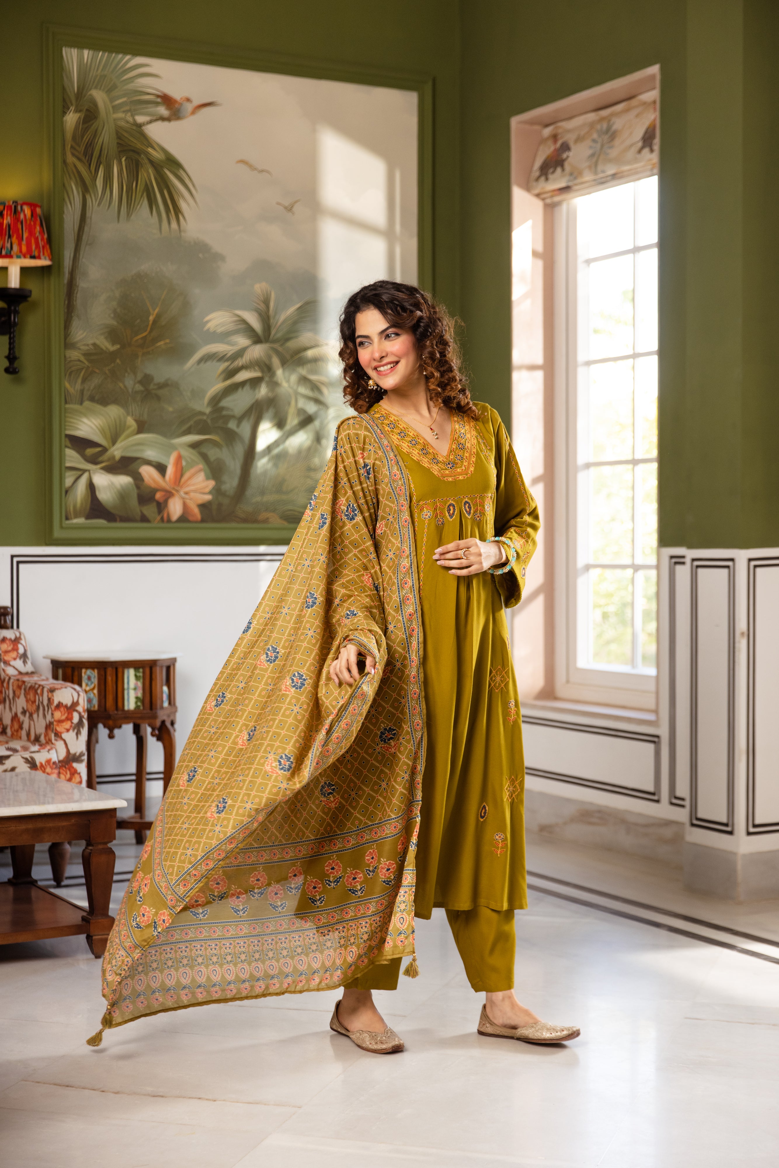 Zoya German Reyon Embroidered Olive Green 3-Piece Set (Devri – D.No 20069)
