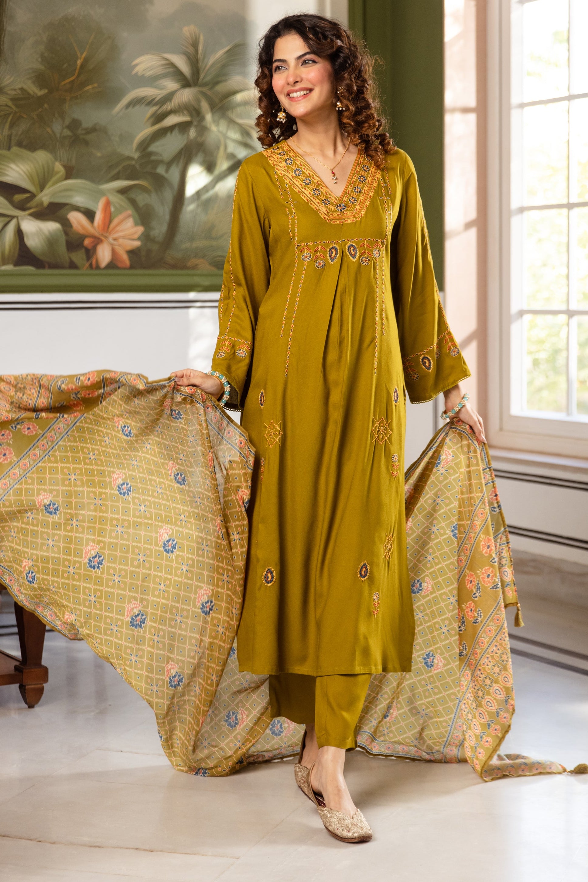 Zoya German Reyon Embroidered Olive Green 3-Piece Set (Devri – D.No 20069)