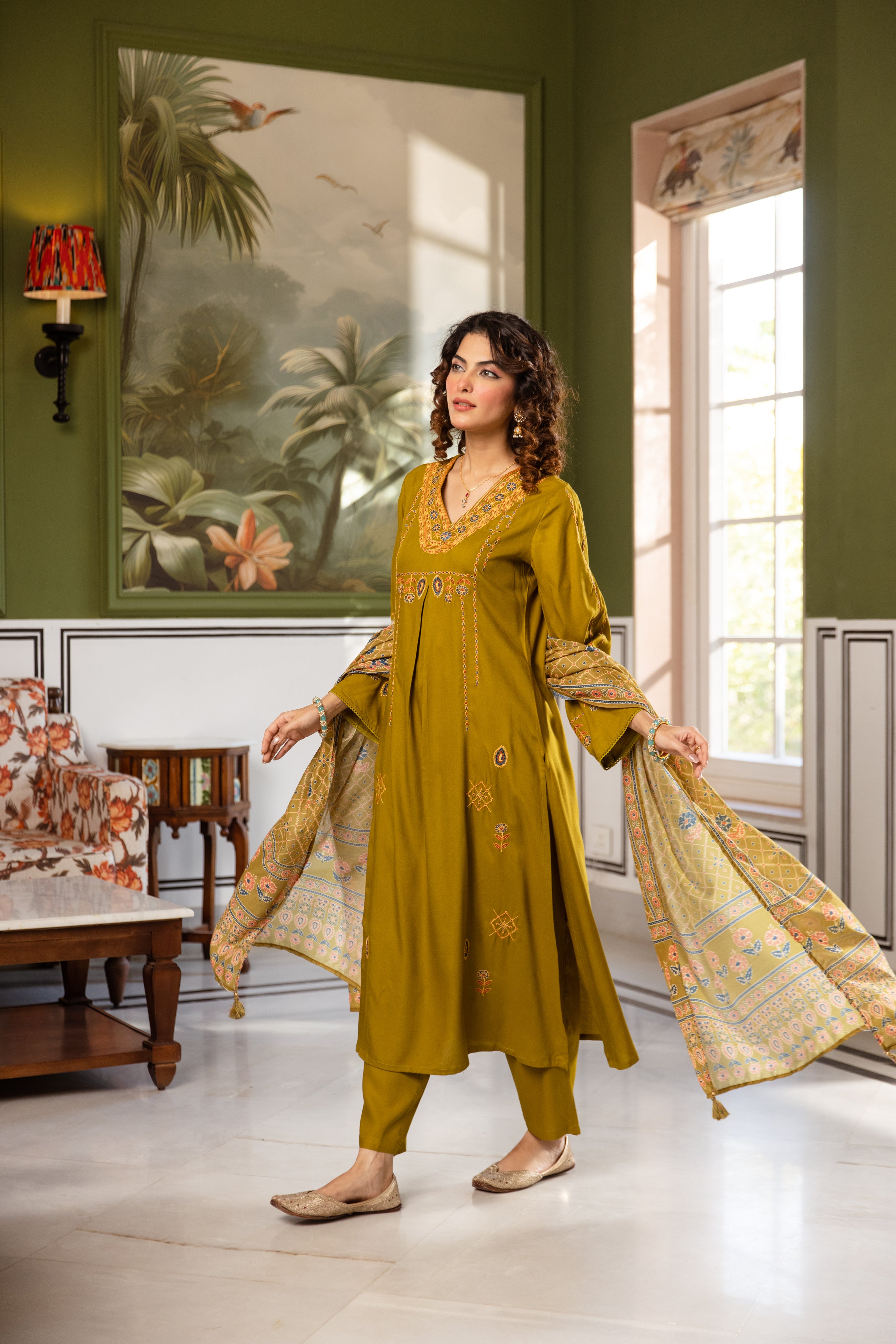 Zoya German Reyon Embroidered Olive Green 3-Piece Set (Devri – D.No 20069)