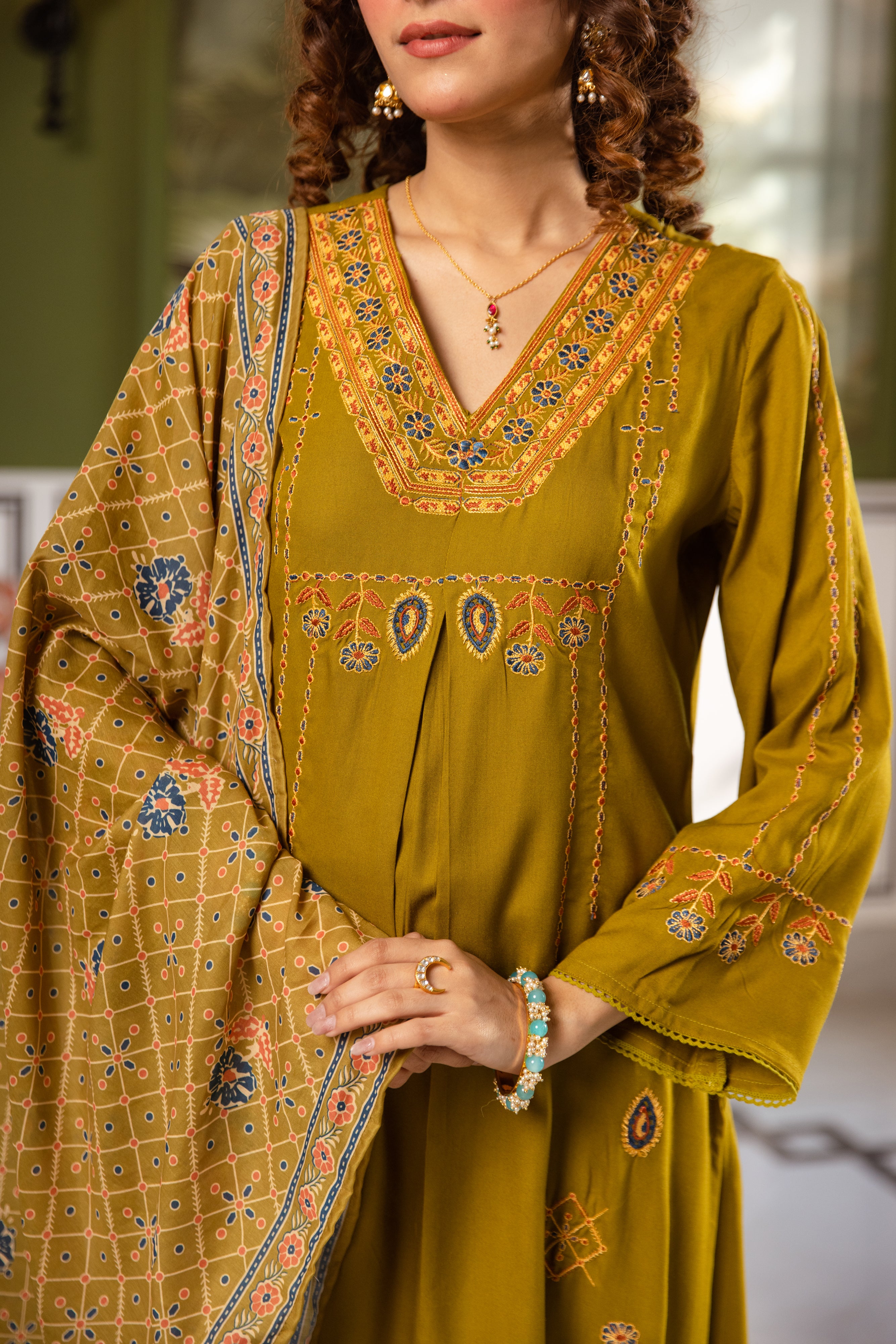 Zoya German Reyon Embroidered Olive Green 3-Piece Set (Devri – D.No 20069)