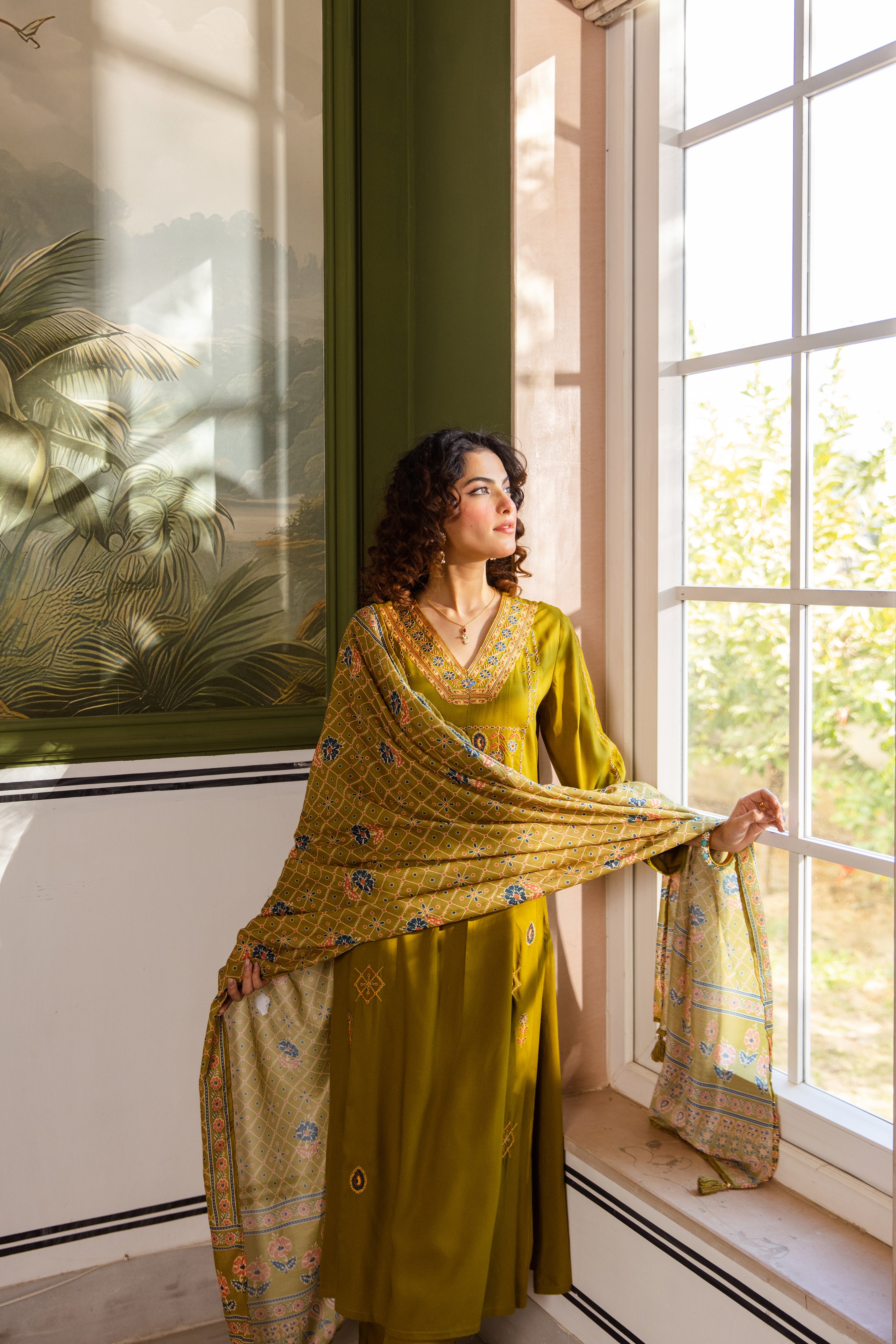 Zoya German Reyon Embroidered Olive Green 3-Piece Set (Devri – D.No 20069)
