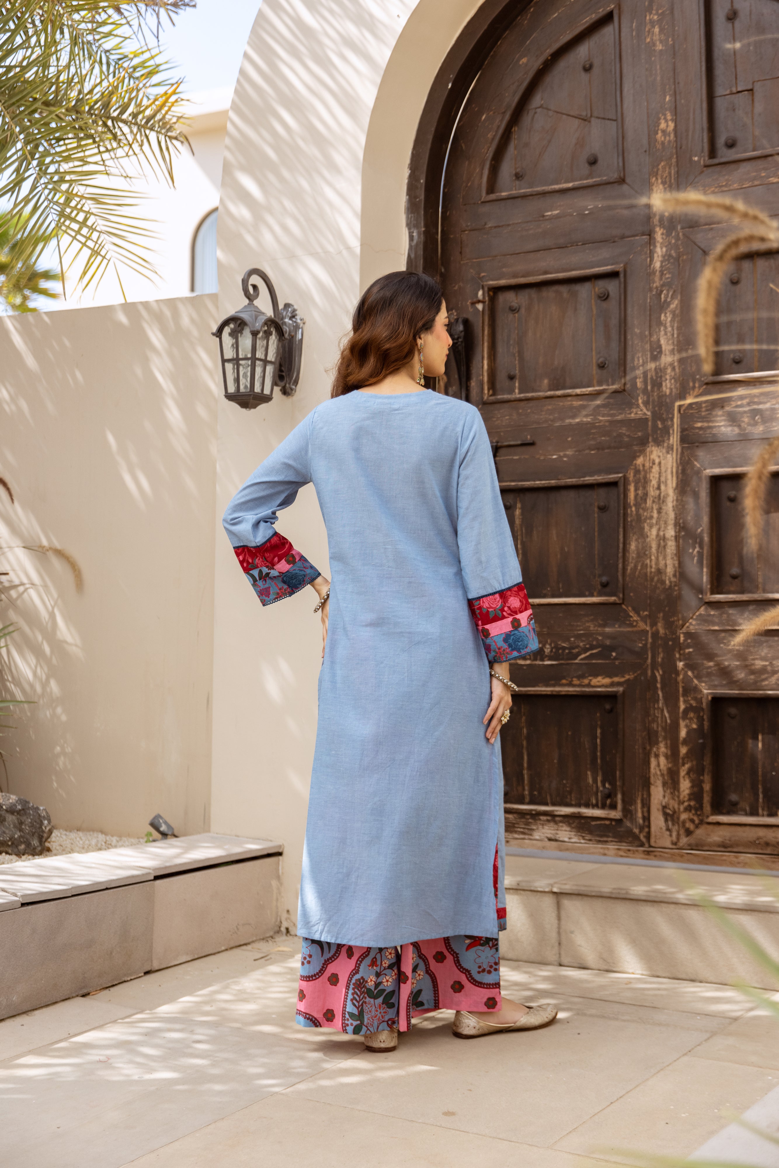 Esha Cotton Printed Powder Blue & Crimson 2-Piece Set (Devri – D.No 20093)