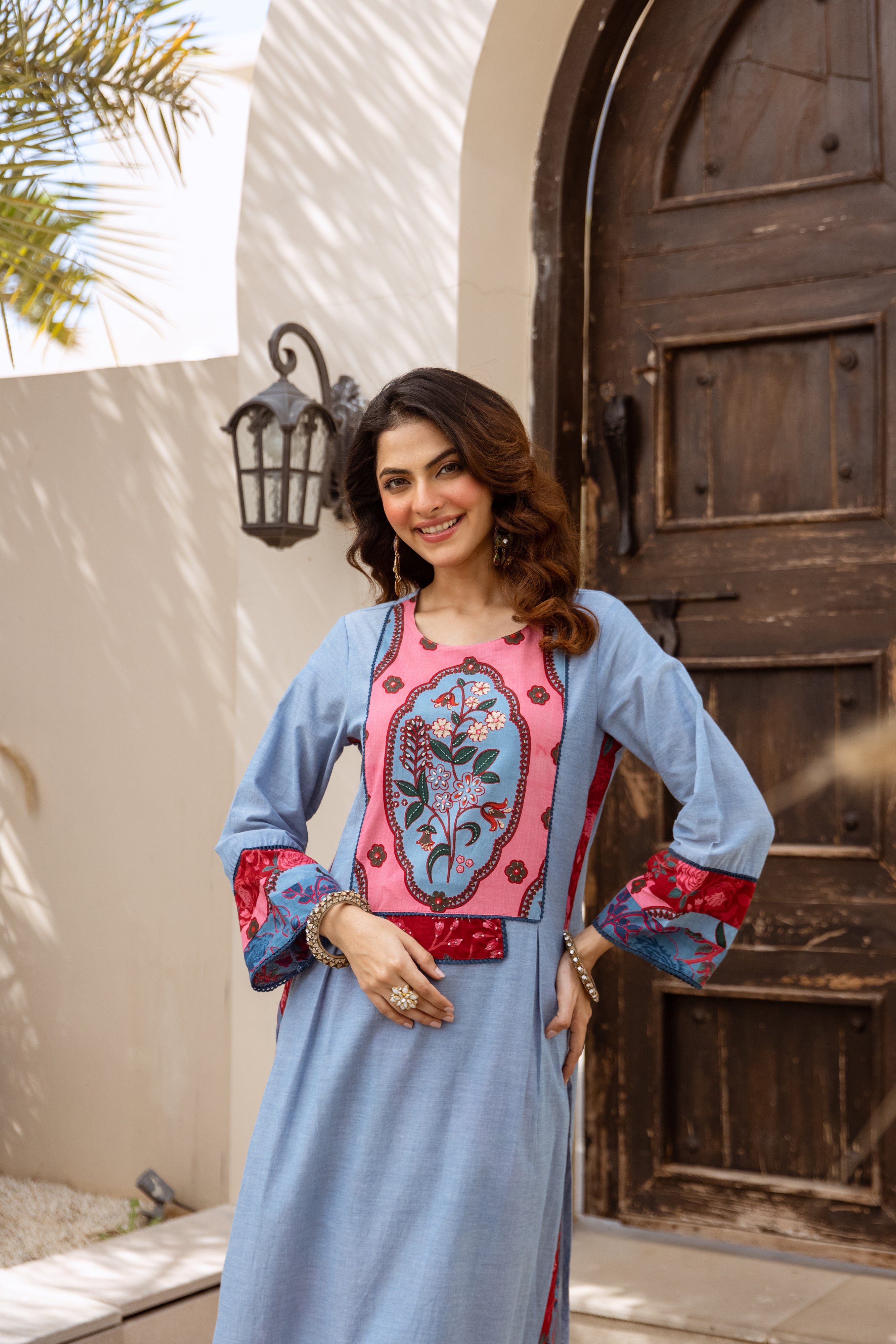 Esha Cotton Printed Powder Blue & Crimson 2-Piece Set (Devri – D.No 20093)