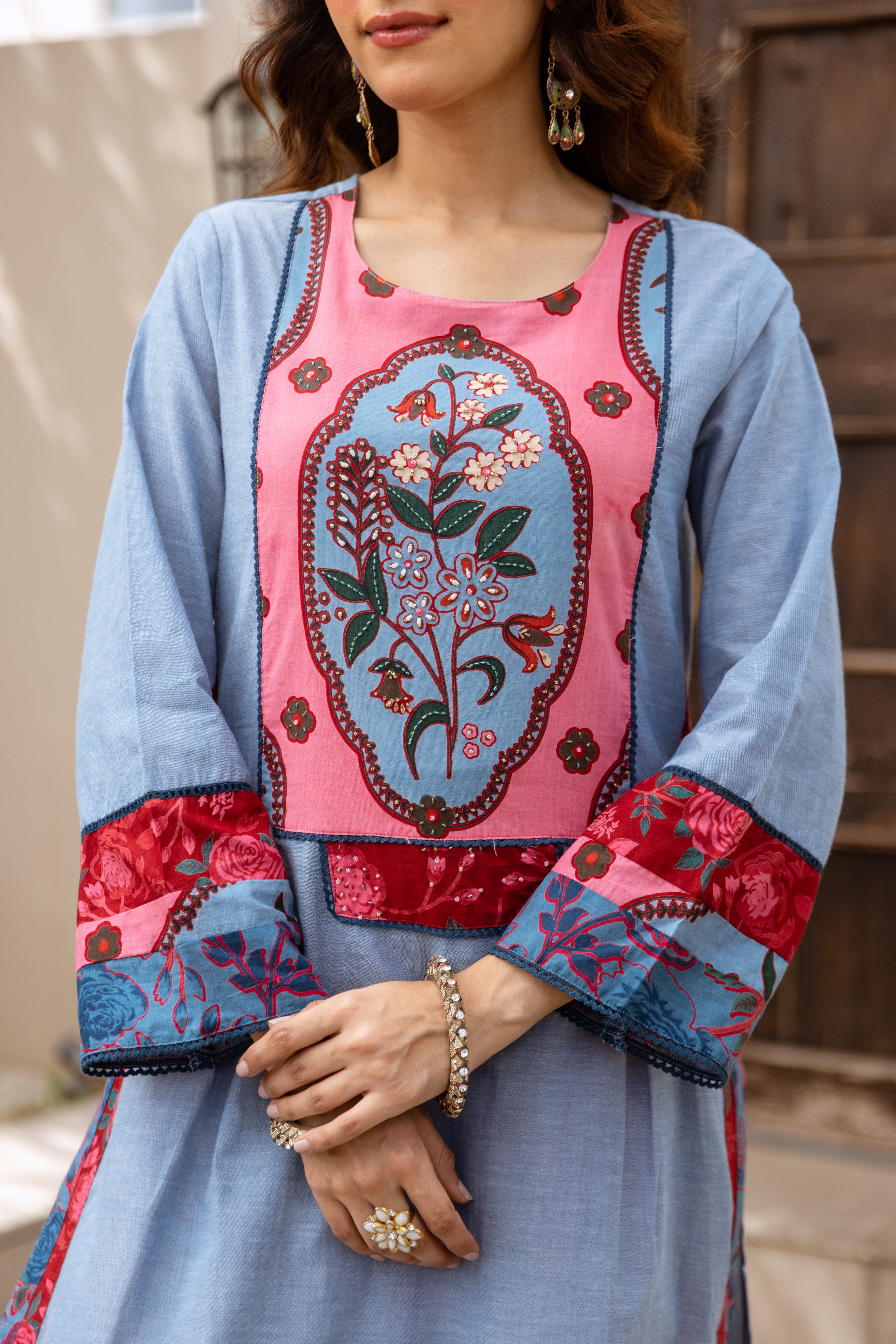Esha Cotton Printed Powder Blue & Crimson 2-Piece Set (Devri – D.No 20093)