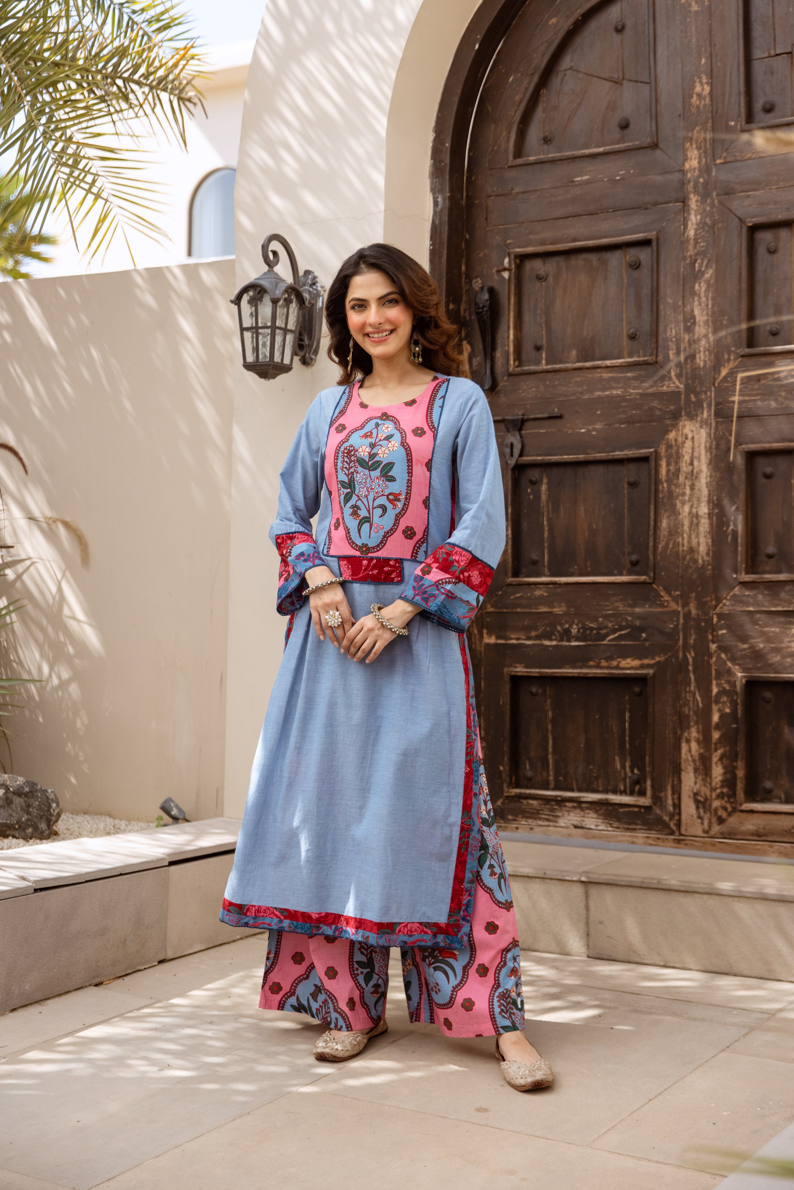 Esha Cotton Printed Powder Blue & Crimson 2-Piece Set (Devri – D.No 20093)